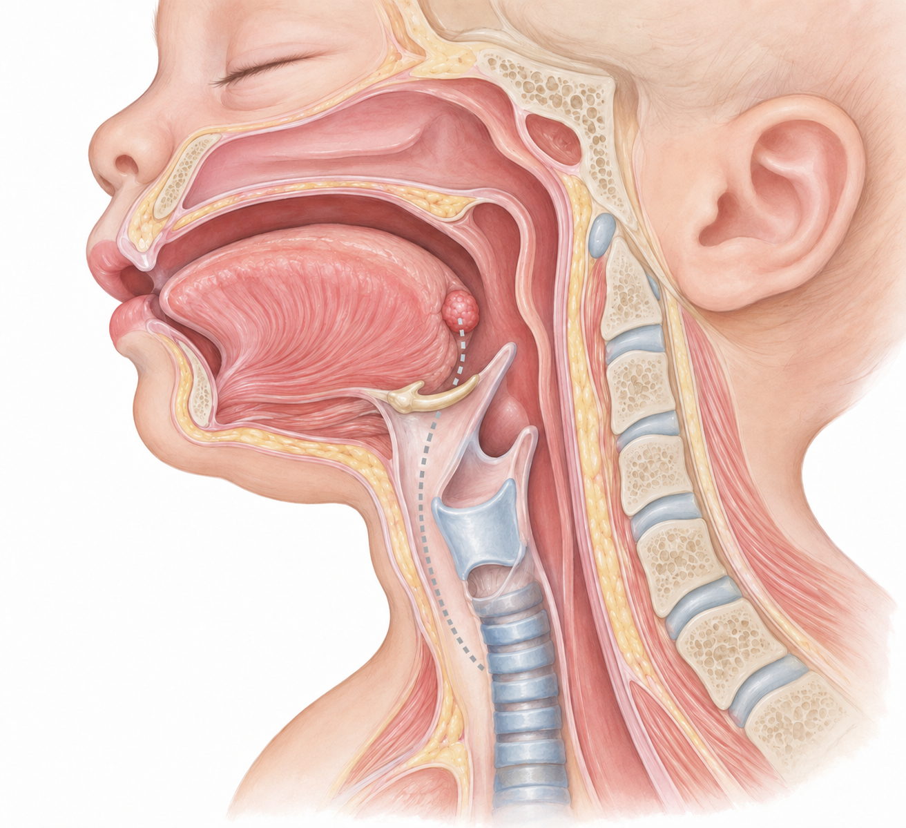 Corte sagital da cabeça e do pescoço de um recém-nascido com um pequeno nódulo de tecido tireoidiano no alto do pescoço e o espaço vazio à frente da traqueia, onde a glândula deveria estar.