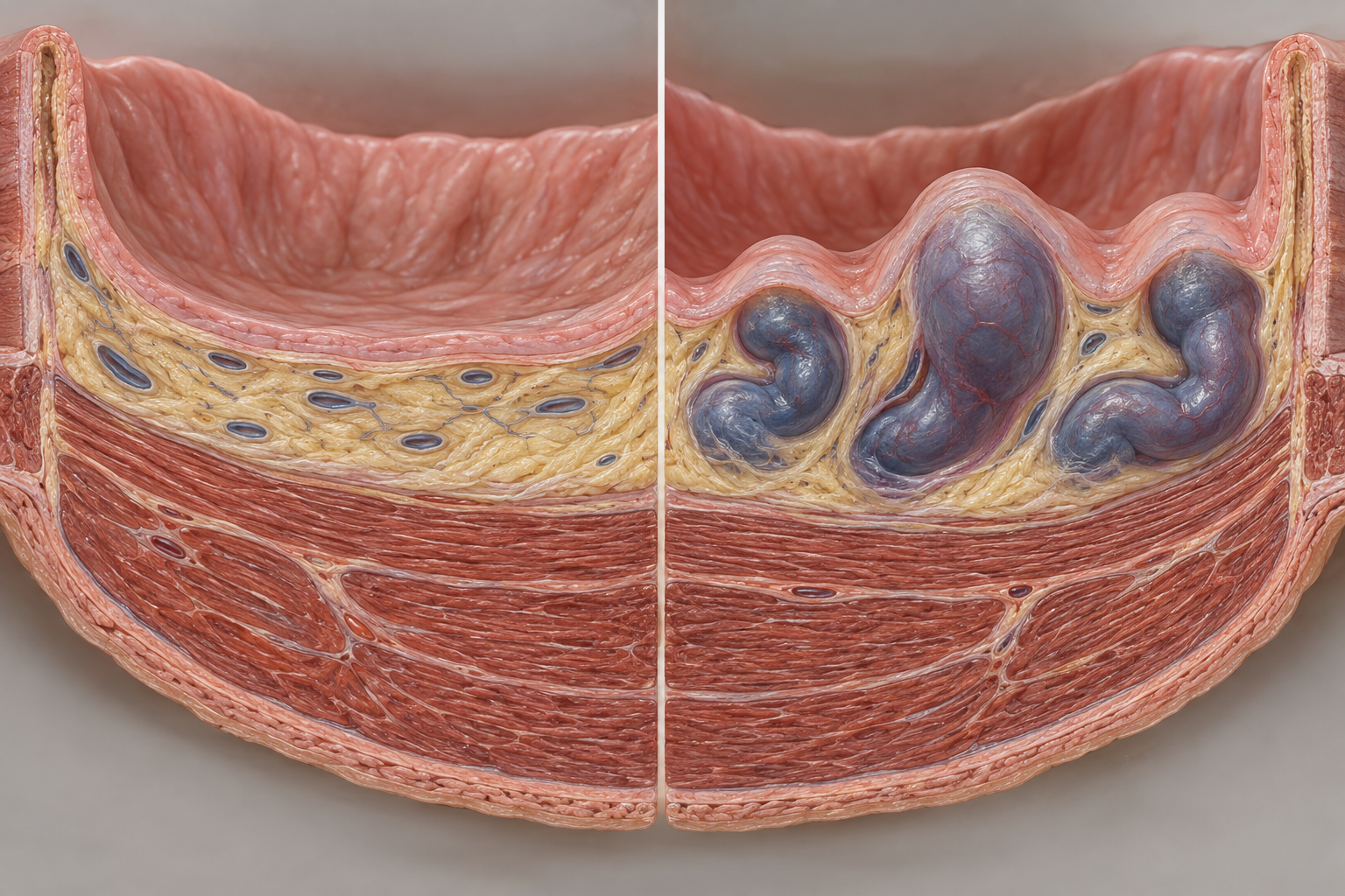 Dois cortes da parede esofágica comparam pequenas veias submucosas com veias dilatadas sob mucosa ainda íntegra.
