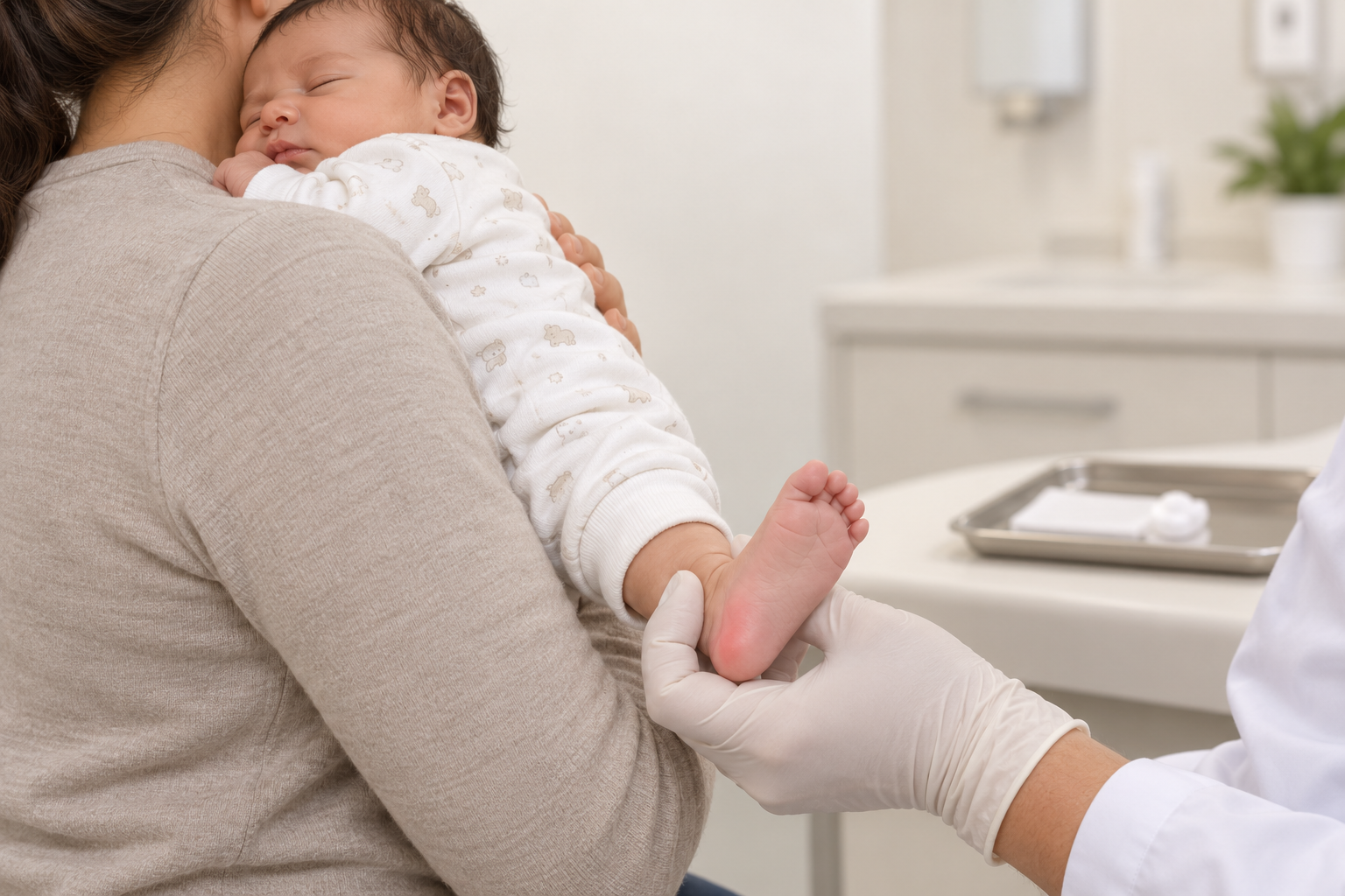 Bebê vestido e apoiado no colo do cuidador, com o pé sustentado por profissional enluvado durante a preparação para coleta capilar; não há agulha nem punção visível.
