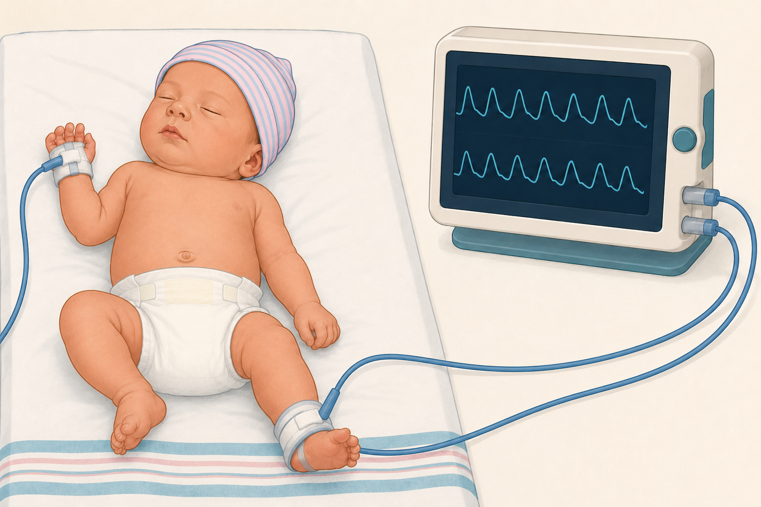 Ilustração do teste do coraçãozinho: recém-nascido em decúbito dorsal com sensor de oximetria no membro superior direito e outro em um dos pés, ambos ligados a um monitor com onda de traçado homogêneo.