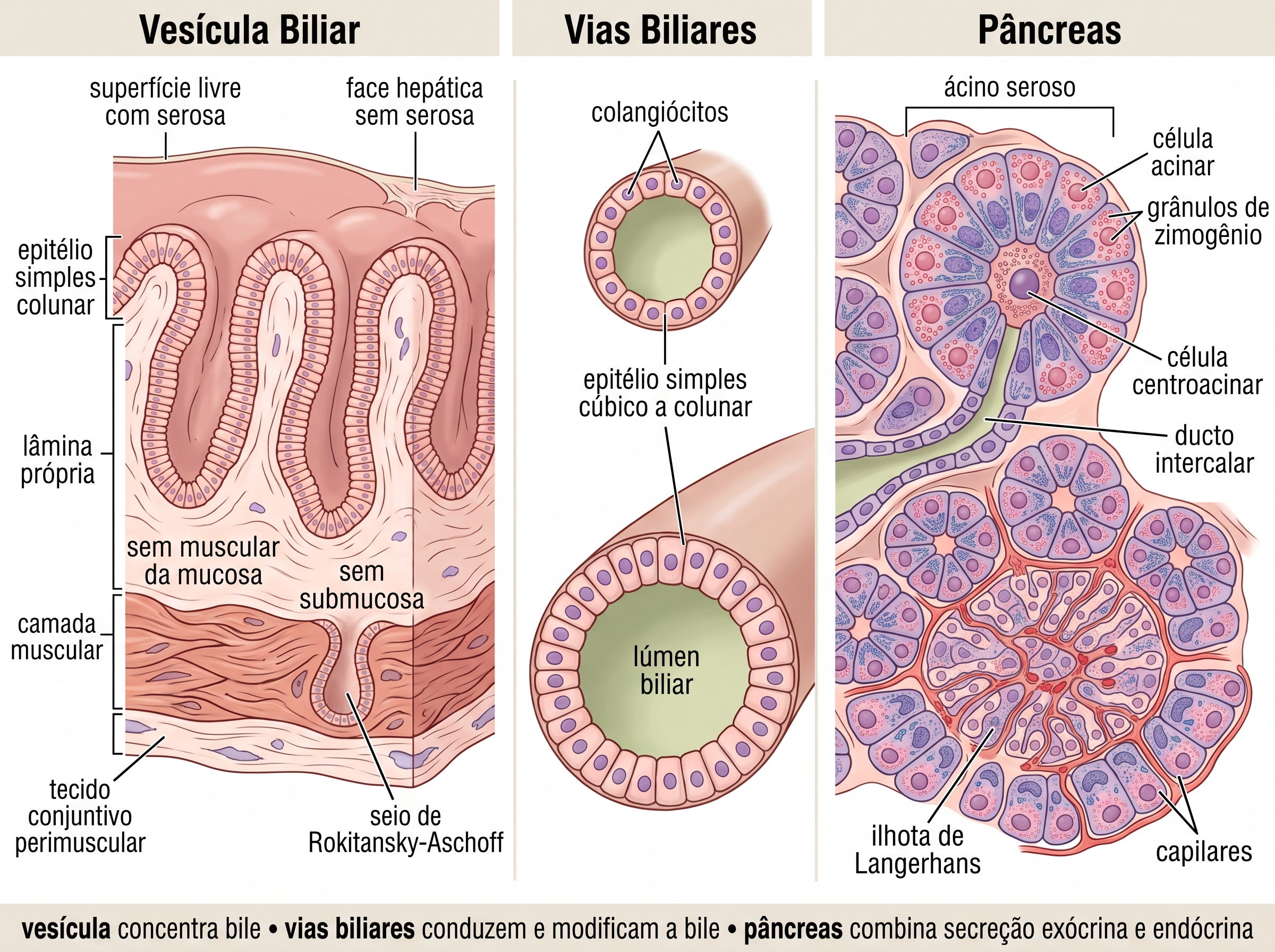 Infográfico histológico comparando vesícula biliar, vias biliares e pâncreas, com destaque para a parede da vesícula sem muscular da mucosa e submucosa, o revestimento das vias biliares por colangiócitos e a organização do pâncreas em ácinos exócrinos e ilhotas de Langerhans.