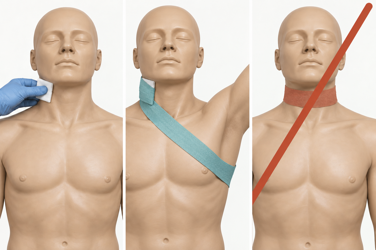 Três manequins mostram compressão cervical pontual com gaze, faixa pelo tórax sob a axila oposta e enfaixamento circular do pescoço riscado como inadequado.