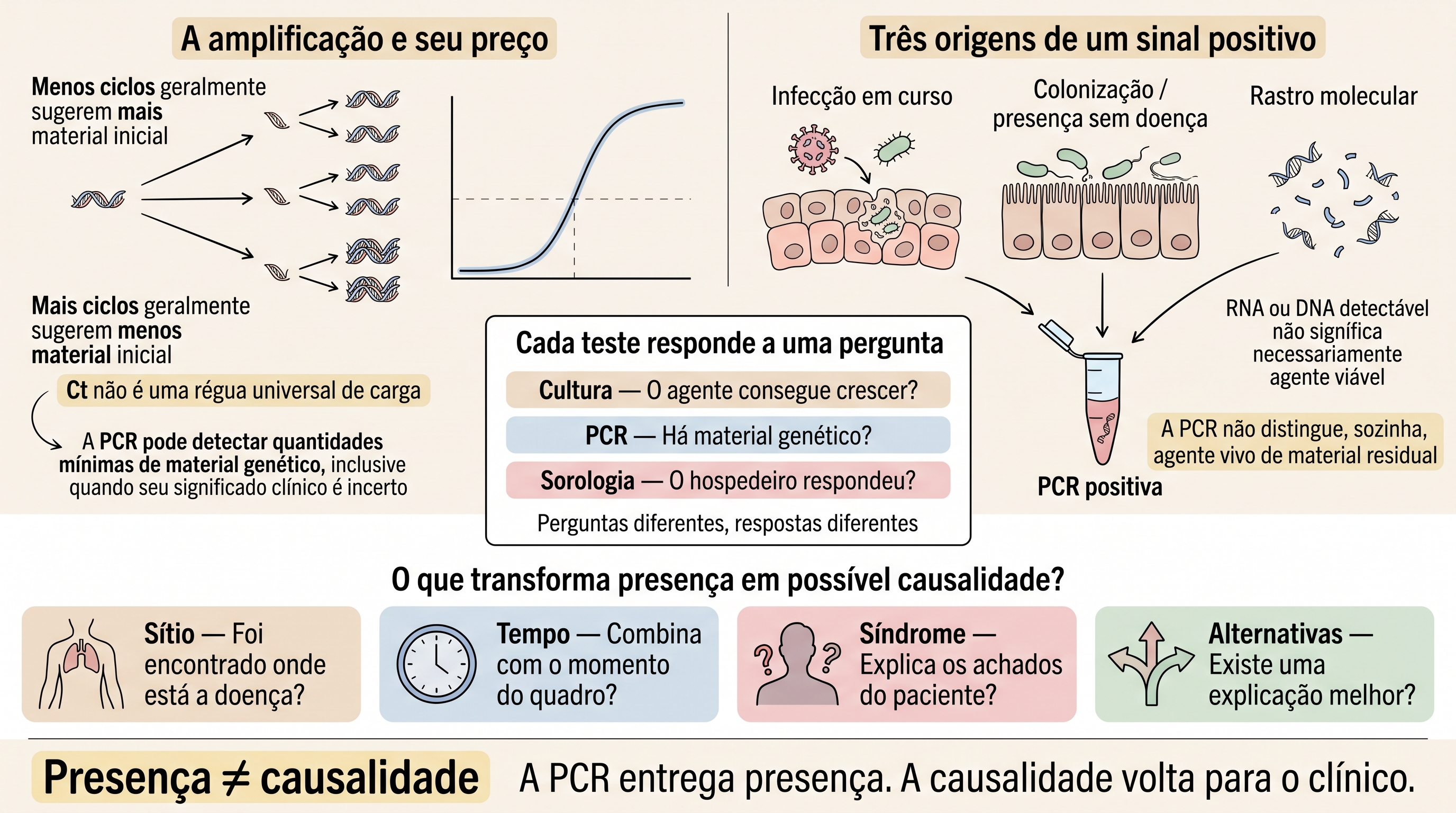 Infográfico mostrando amplificação da PCR, possíveis origens de um resultado positivo, diferenças entre cultura, PCR e sorologia e os critérios clínicos de sítio, tempo, síndrome e contexto para interpretar causalidade