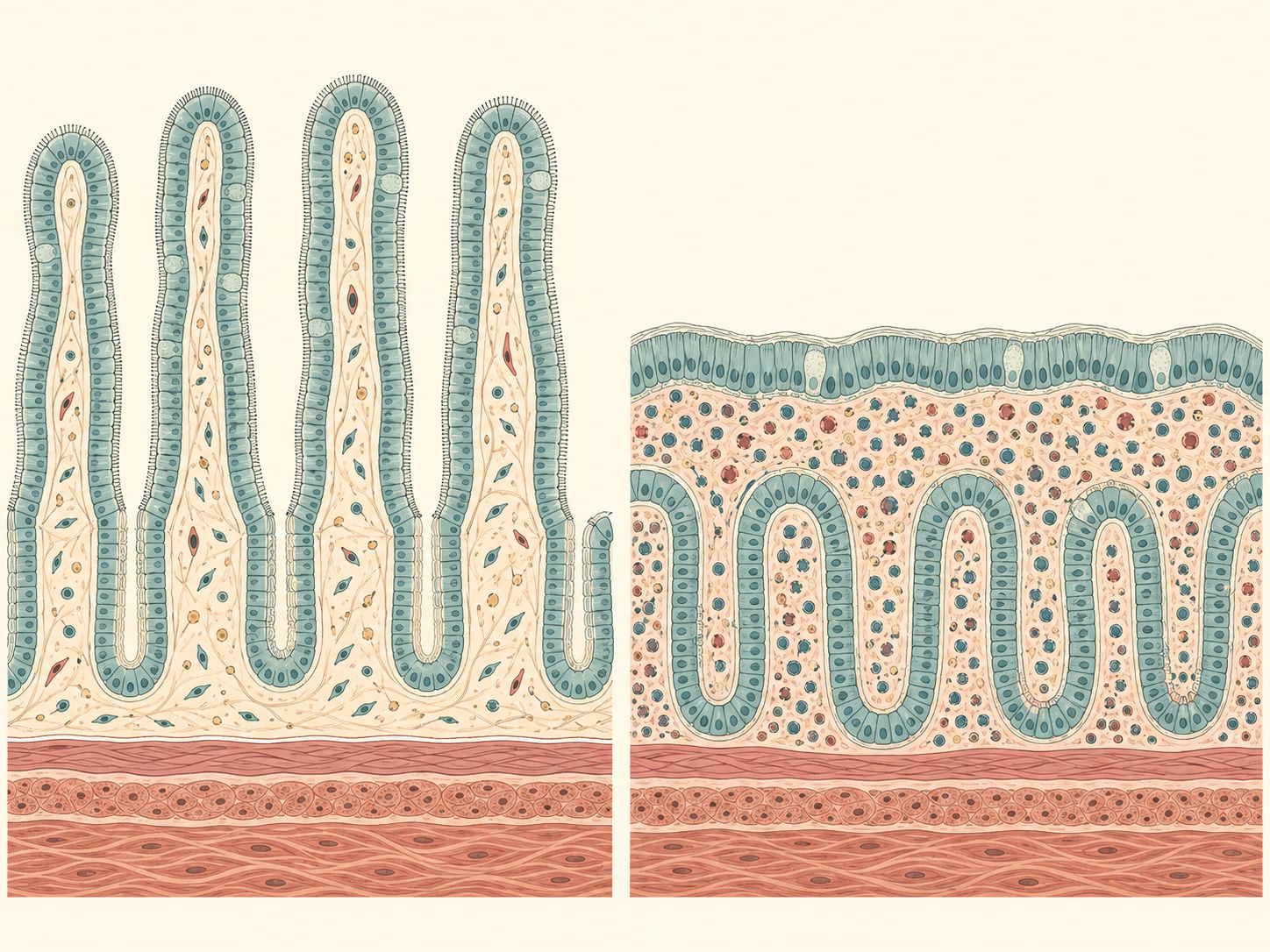 Corte da mucosa do intestino delgado de um lactente em duas metades: à esquerda, vilosidades altas e íntegras; à direita, vilosidades achatadas com criptas alongadas e infiltrado inflamatório na lâmina própria.