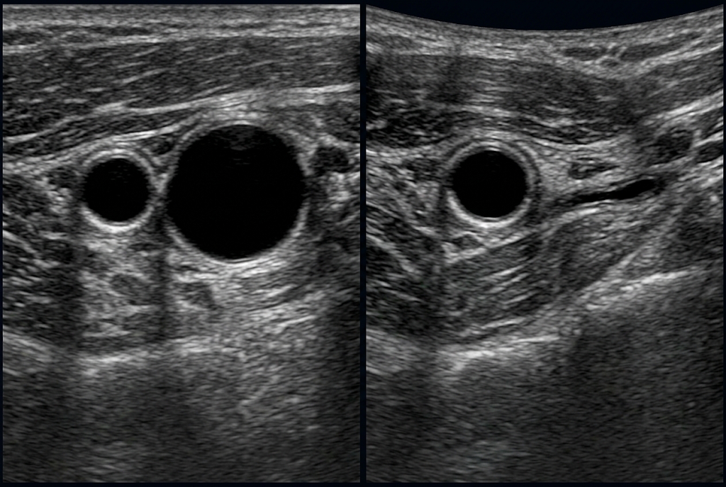 Dois campos sintéticos de ultrassonografia vascular em modo B: jugular patente e, sob compressão, quase colabada ao lado da carótida patente.