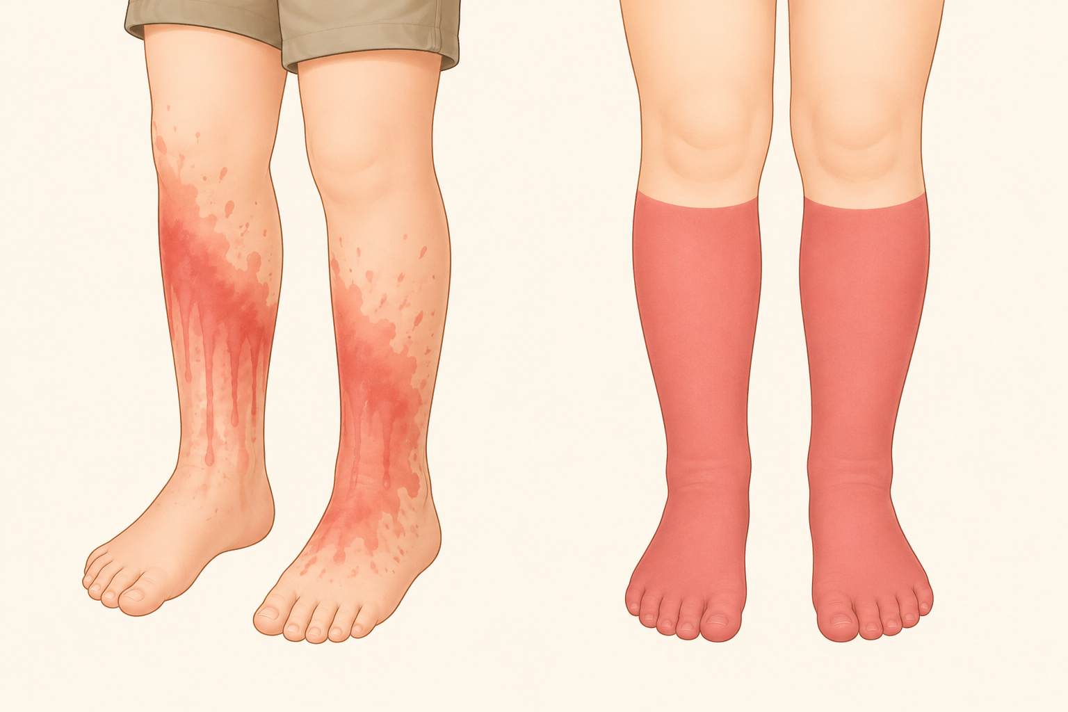 Comparação esquemática entre escaldadura acidental, irregular e com respingos, e queimadura por imersão, simétrica e com limite nítido em padrão de meia.