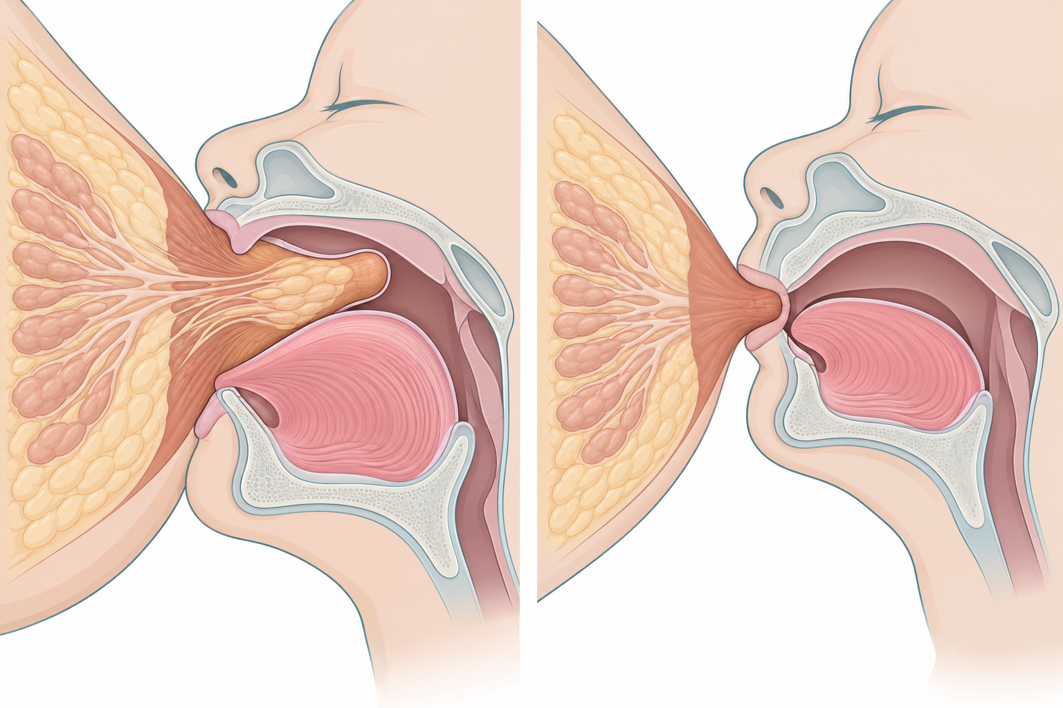 Dois cortes ilustrativos da boca do bebê na mama: pega profunda à esquerda, com maior quantidade de tecido mamário na boca e língua sob a mama; pega superficial à direita, com compressão do mamilo.