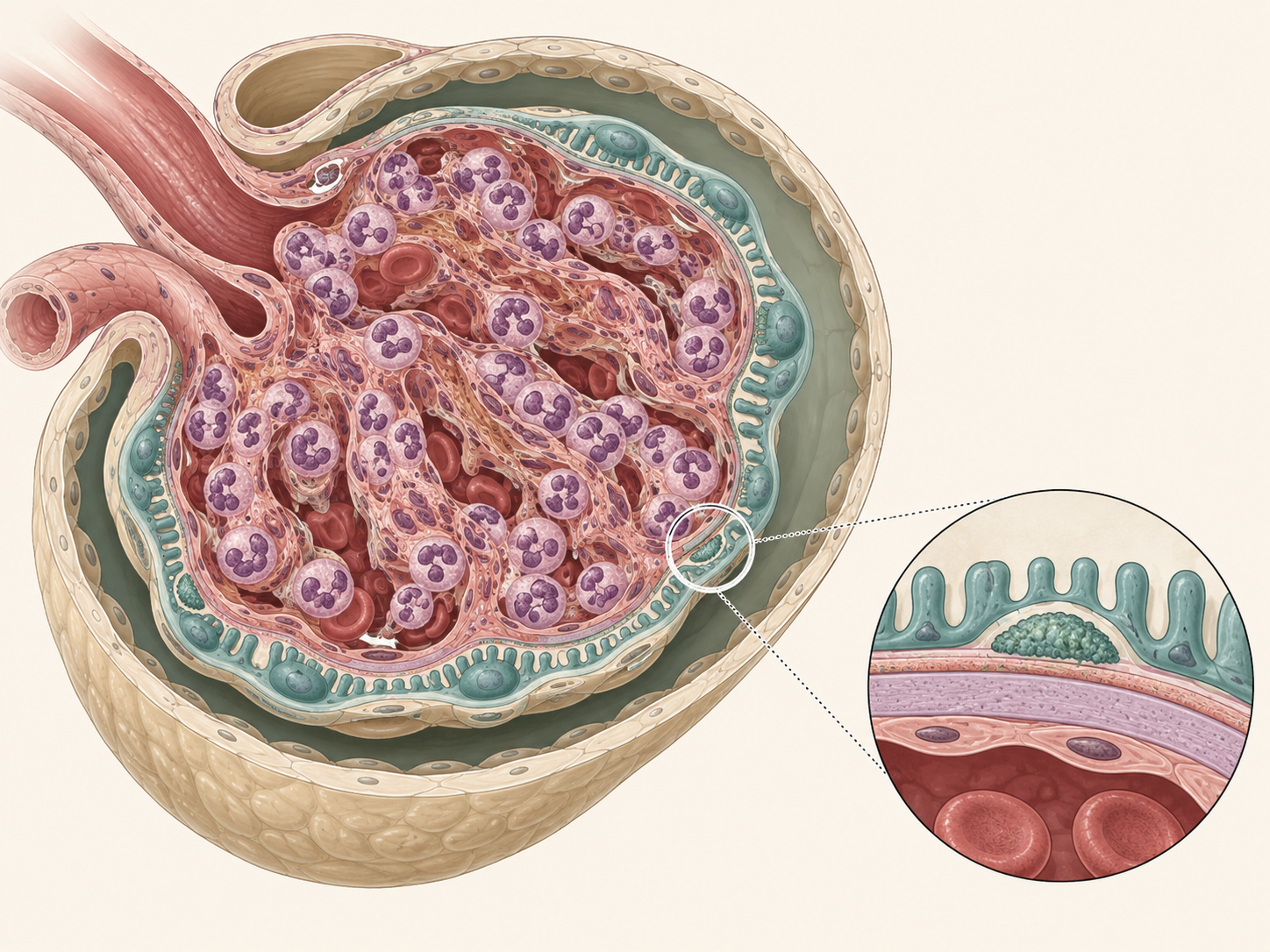 Ilustração de um glomérulo em corte com tufo hipercelular, neutrófilos infiltrando as alças capilares e depósitos subepiteliais em corcova sobre a membrana basal.