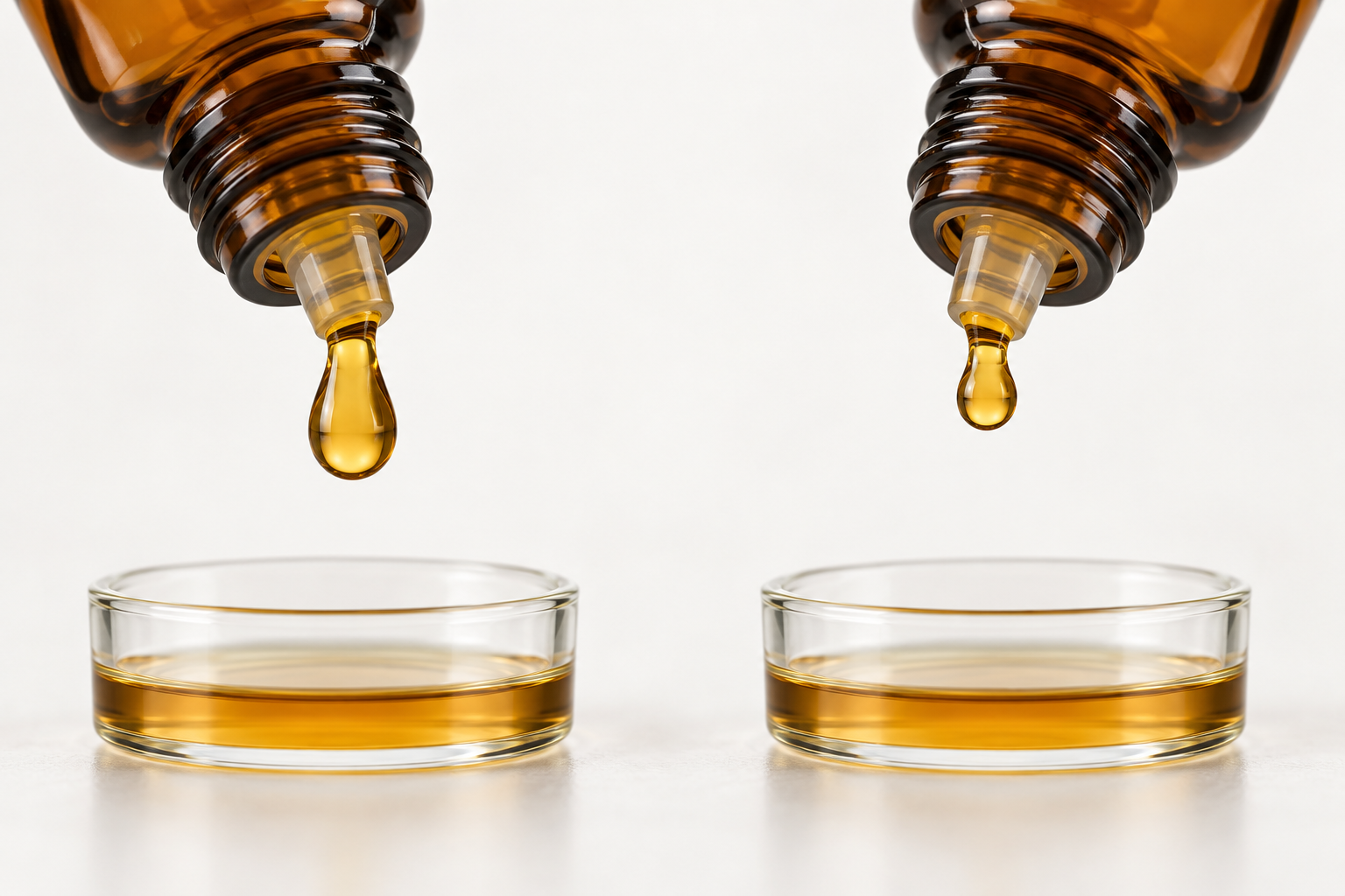 Dois conta-gotas com gotas diferentes sobre recipientes laboratoriais.