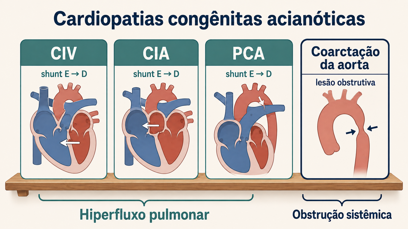 Quatro cartões classificam CIV, CIA e PCA como cardiopatias acianóticas com hiperfluxo pulmonar e a coarctação da aorta como lesão obstrutiva sistêmica.