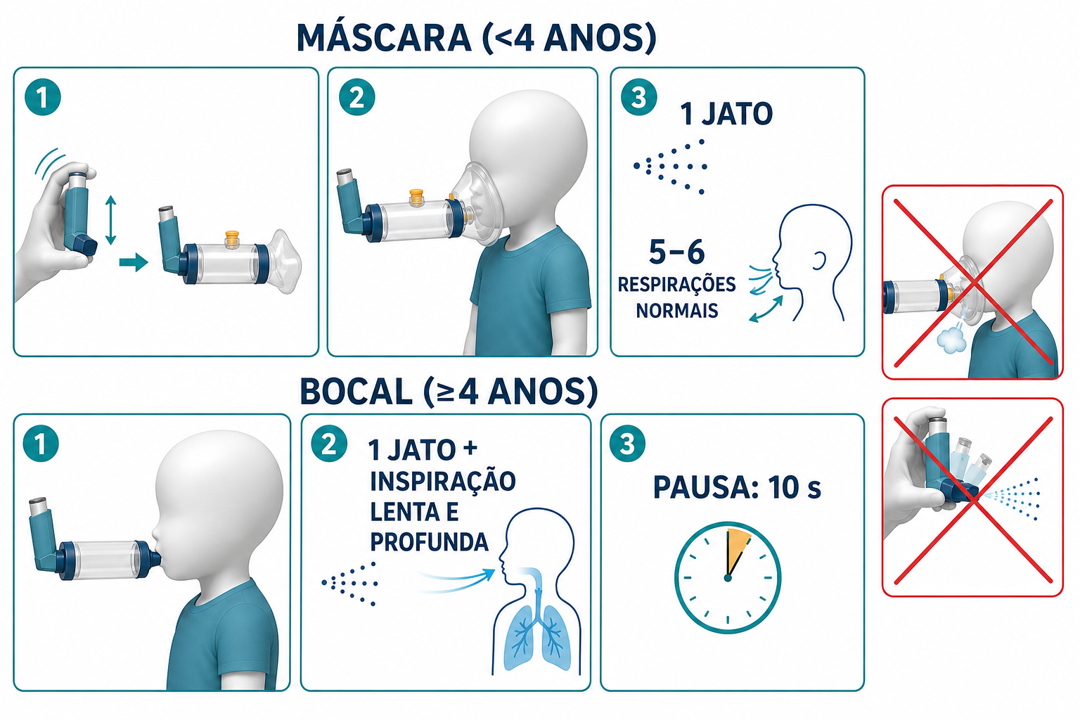 Sequência ilustrada da técnica correta de inalador dosimetrado com espaçador e máscara em criança pequena e com bocal em criança maior.