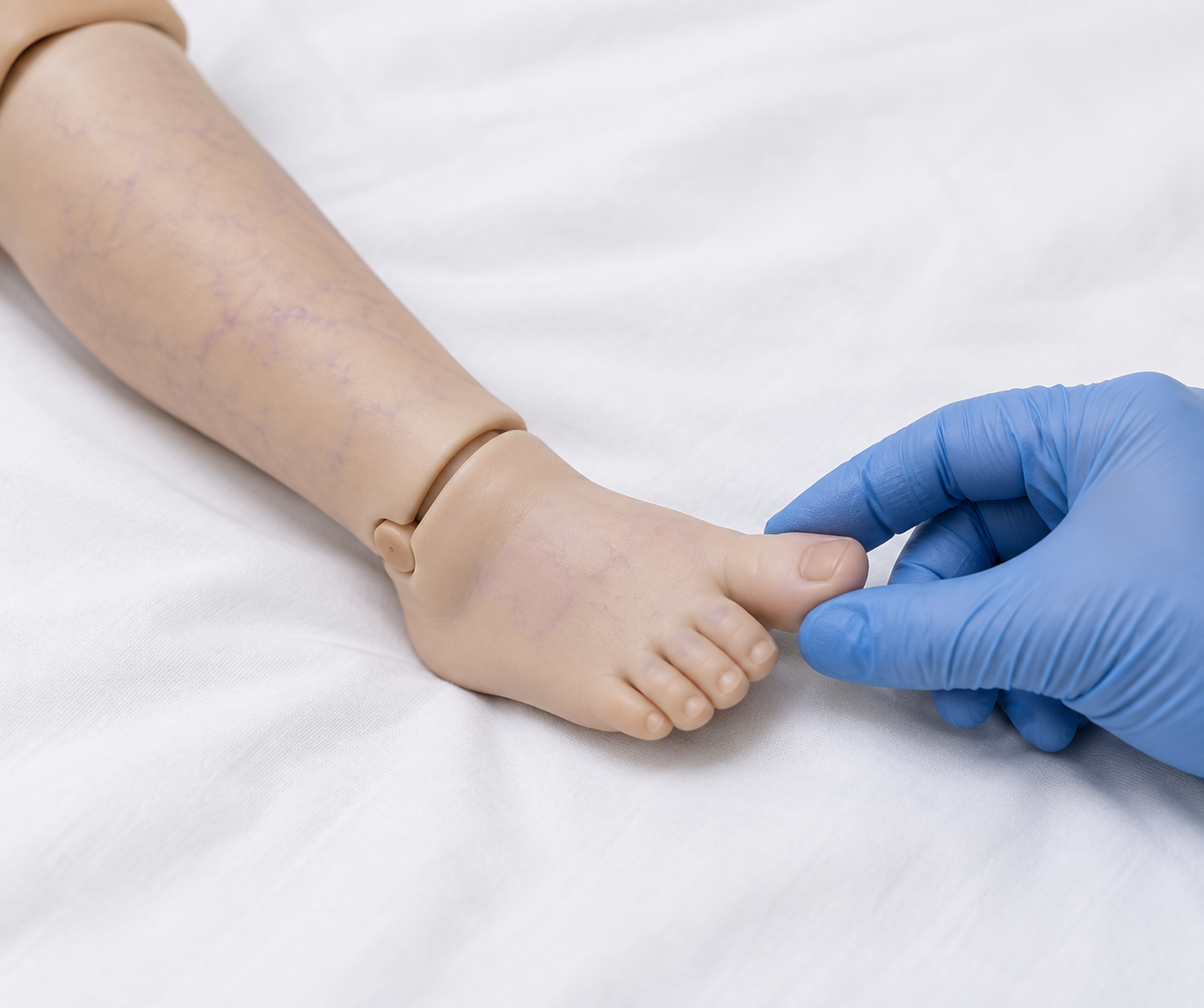 Modelo de treinamento de perna e pé, com rendilhado arroxeado discreto e articulação artificial visível, enquanto uma mão enluvada sustenta e toca a polpa do hálux.