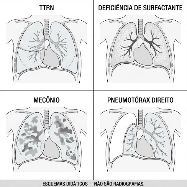 Quatro esquemas de tórax: estrias perihilares e líquido na fissura na TTRN; menor expansão e pontilhado difuso na deficiência de surfactante; manchas assimétricas na aspiração de mecônio; pulmão direito retraído medialmente e espaço pleural sem vasos no pneumotórax direito.