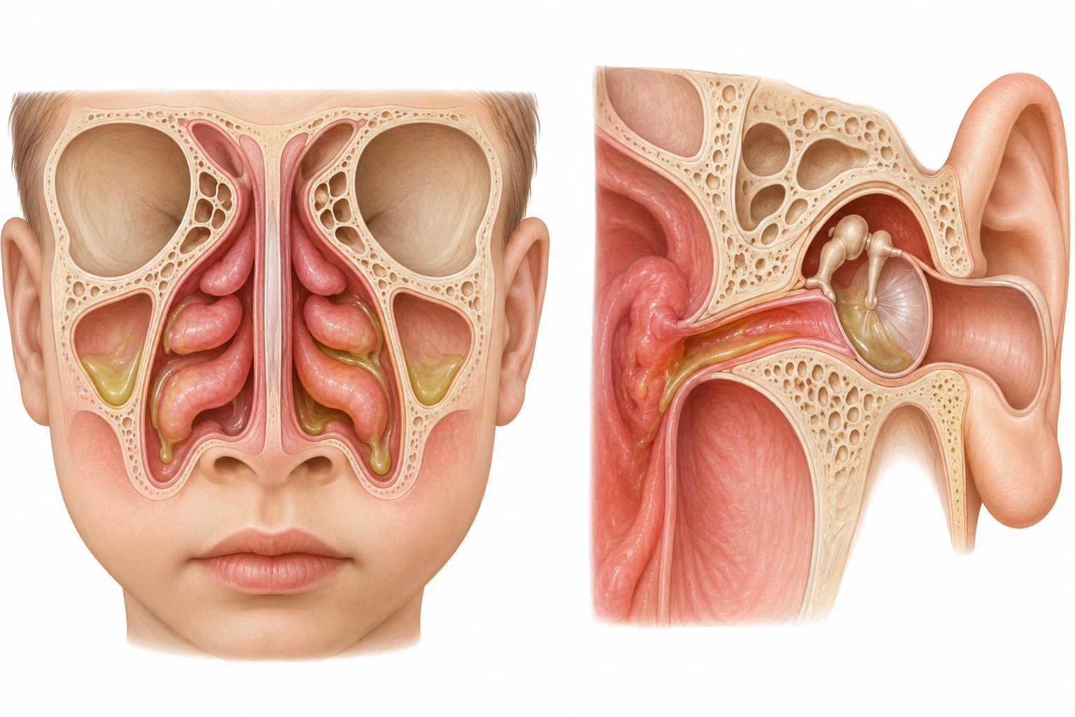 Duas vistas complementares: corte frontal da cavidade nasal e seios da face, com mucosa espessada e secreção; ao lado, detalhe da nasofaringe, tuba auditiva e orelha média com tímpano íntegro.