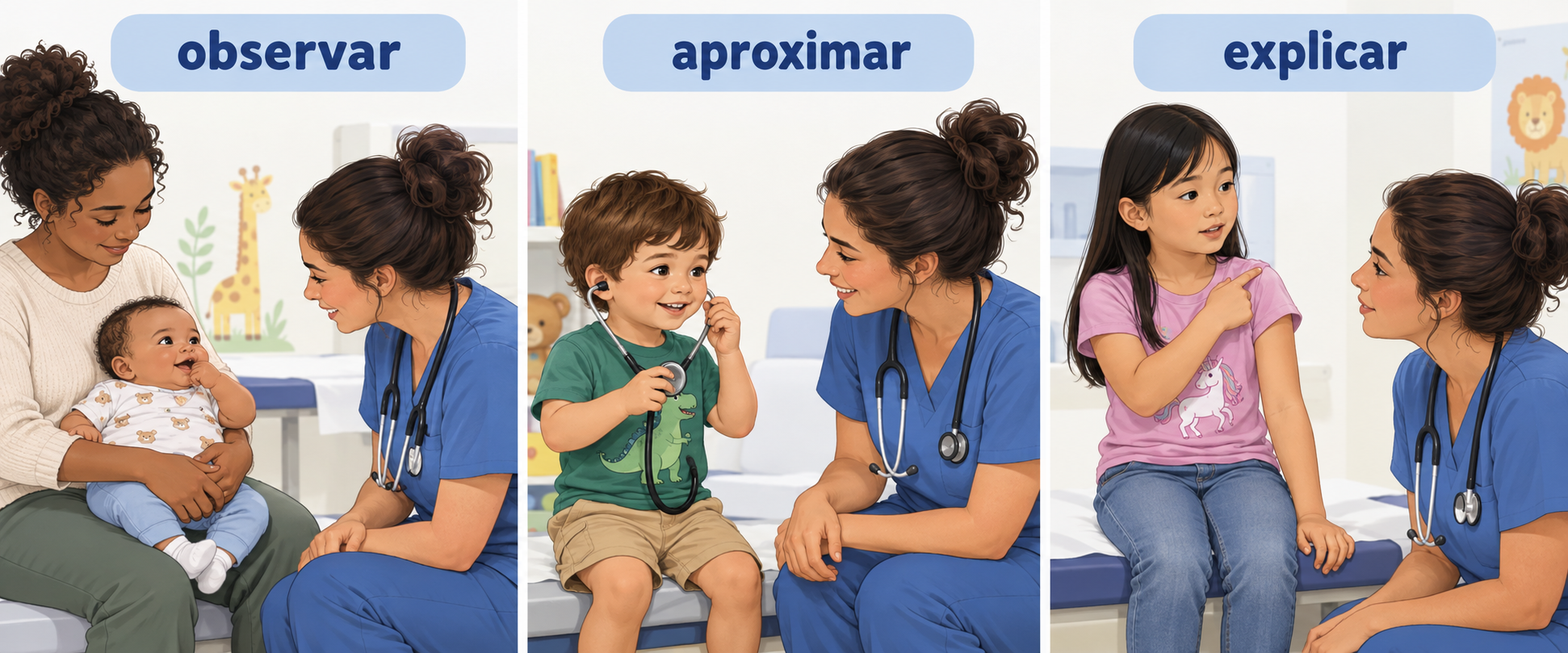 Lactente no colo, pré-escolar com brinquedo e escolar conversando durante avaliação médica.