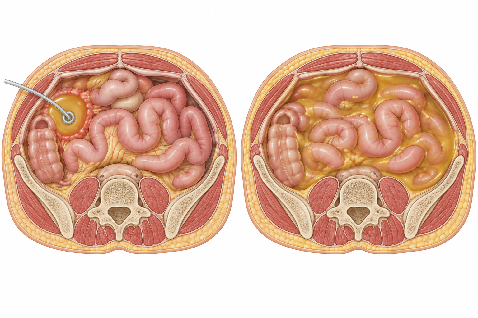 Cortes axiais esquemáticos com coleção delimitada drenada por cateter e, ao lado, contaminação peritoneal difusa.