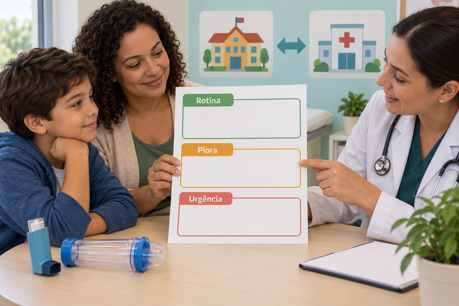 Criança e cuidadora revisam com uma profissional uma folha com os campos Rotina, Piora e Urgência; ícones ao fundo representam a comunicação entre escola e serviço de saúde.