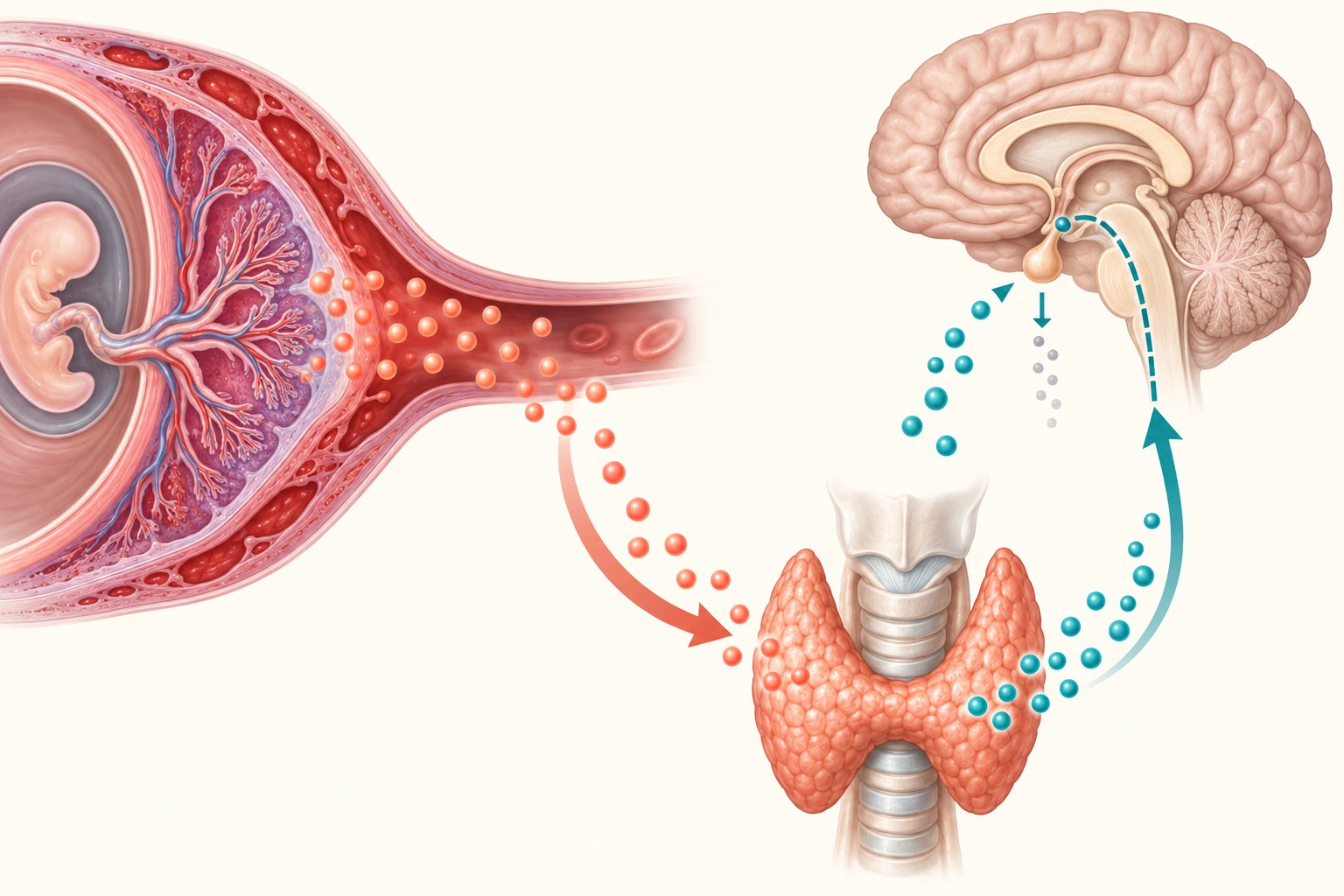 Ilustração da placenta, tireoide materna e hipófise, com representação da estimulação tireoidiana pelo hCG e da retroalimentação hormonal.