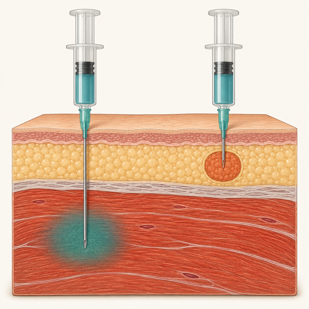 Corte da coxa de um lactente com duas agulhas de comprimentos diferentes: a mais longa deposita o líquido dentro do músculo e a curta para no tecido subcutâneo, onde se forma uma coleção arredondada.