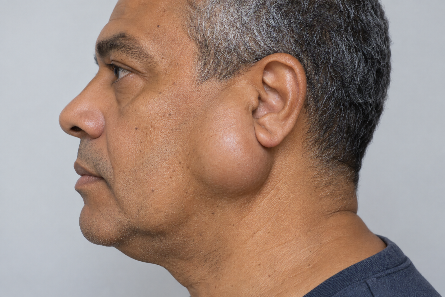 Perfil esquerdo de homem com aumento de volume liso à frente e abaixo da orelha, junto ao ramo e ângulo da mandíbula, com pele íntegra.