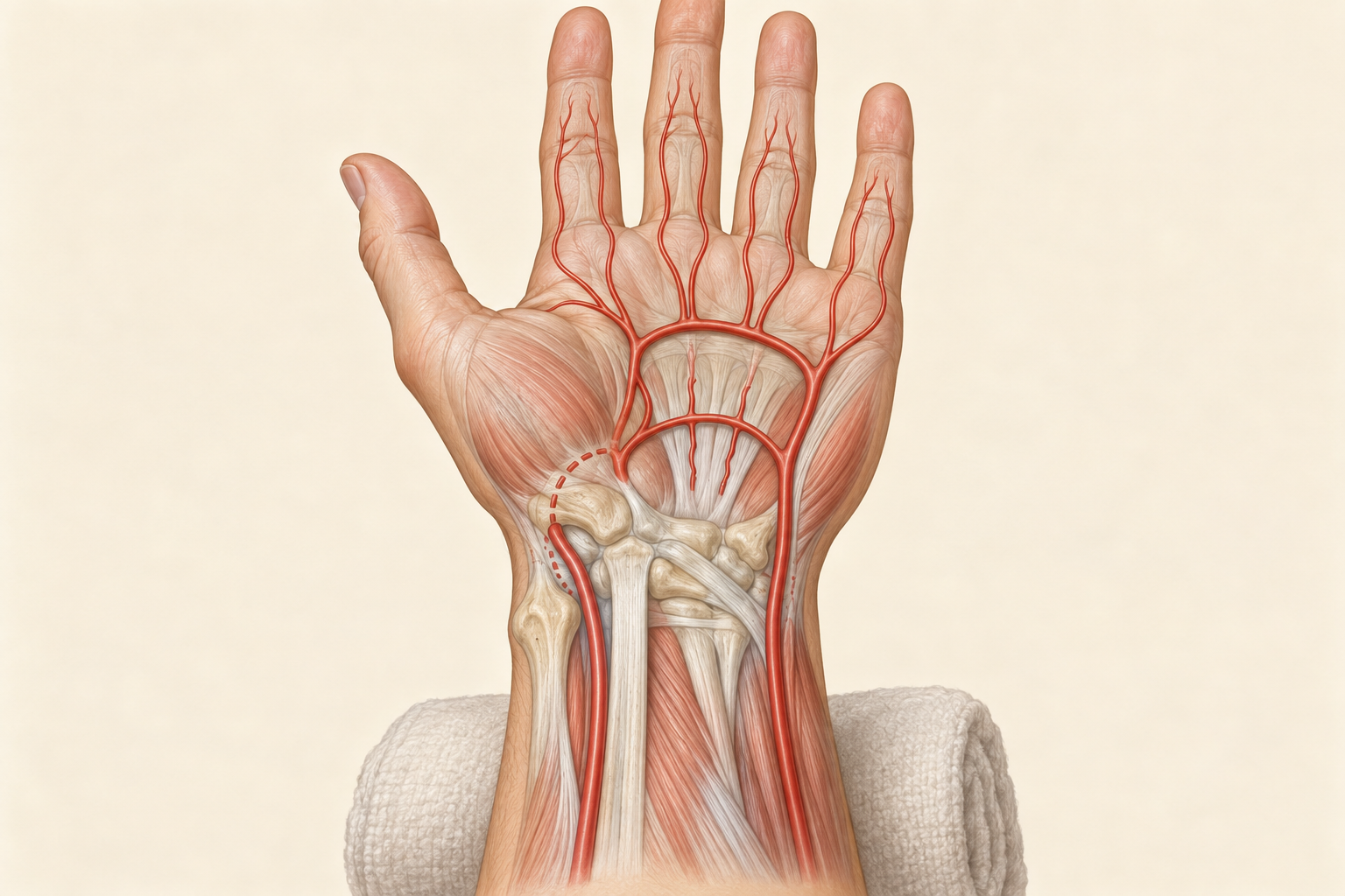 Punho e palma com artéria radial entre reparo ósseo e tendão, artéria ulnar e representação simplificada dos arcos palmares.