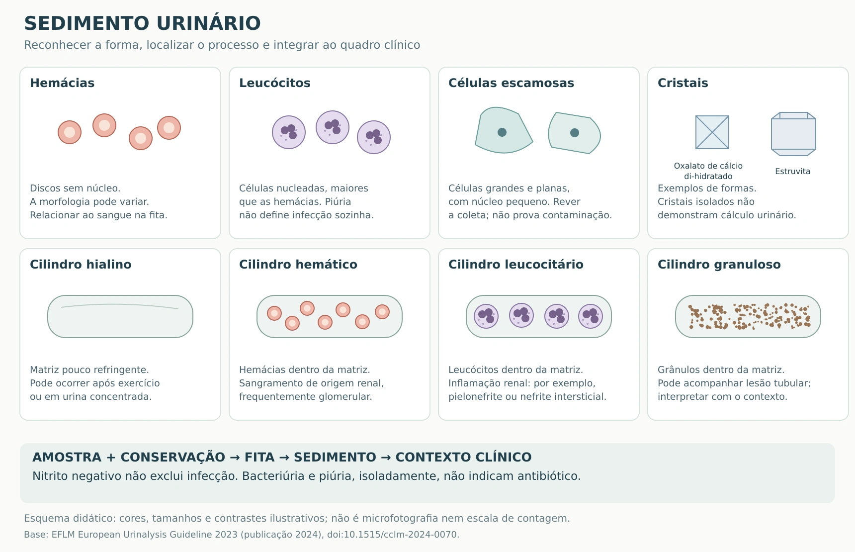 Painel esquemático com hemácias sem núcleo, leucócitos nucleados, células escamosas, cristais e cilindros hialino, hemático, leucocitário e granuloso. Cores e tamanhos são ilustrativos.