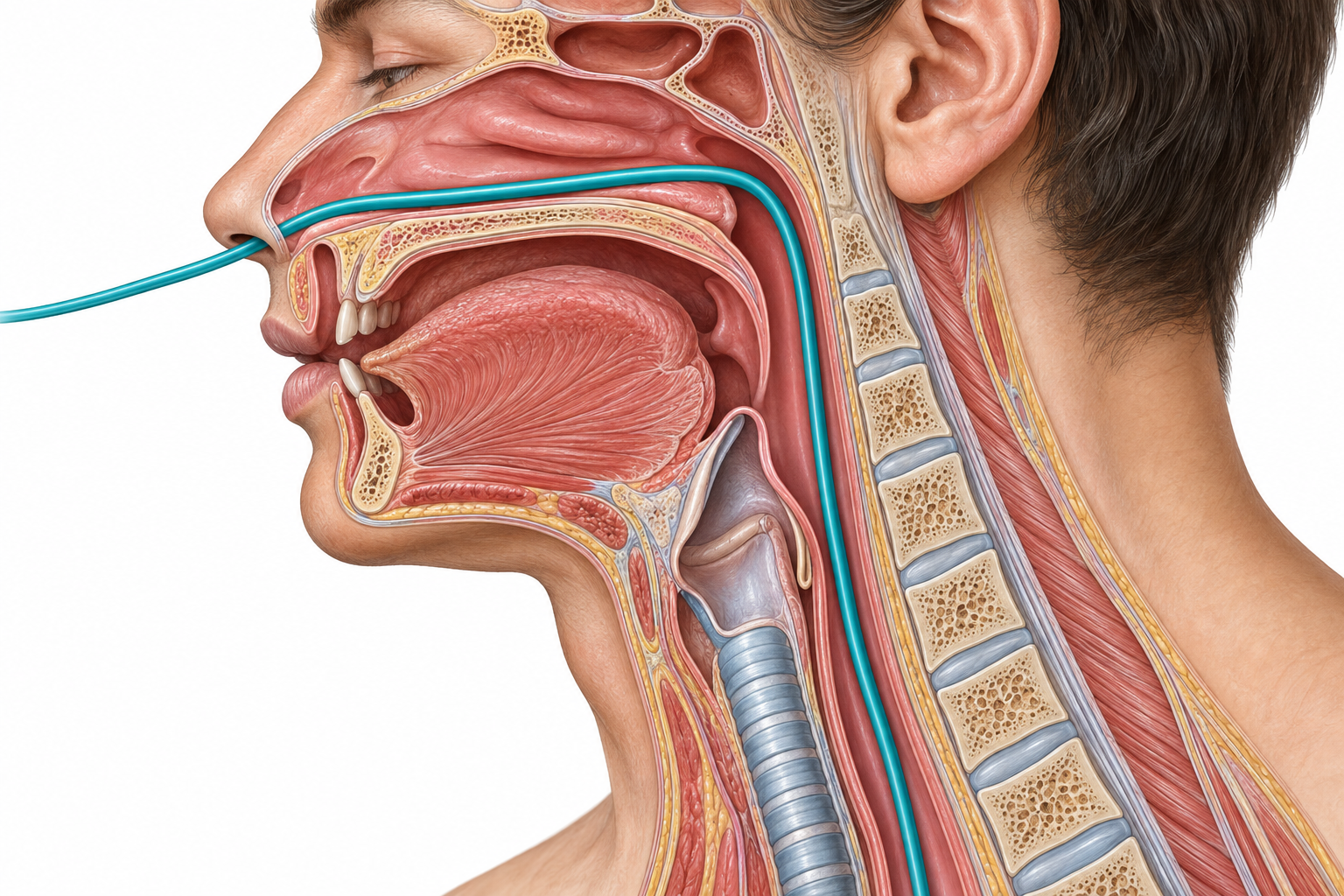 Corte sagital com sonda pela narina, assoalho nasal, faringe posterior e esôfago, separado da laringe e traqueia.