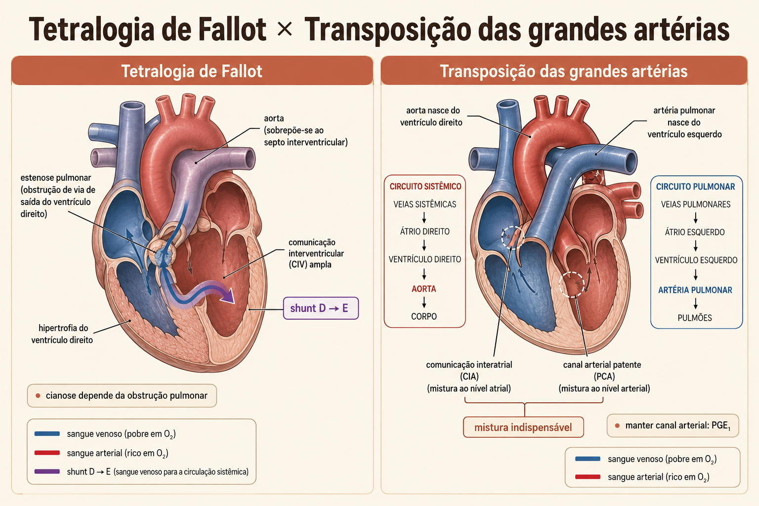 Comparação anatômica da tetralogia de Fallot e da transposição das grandes artérias, com trajetos do sangue, direção do shunt e pontos de mistura.