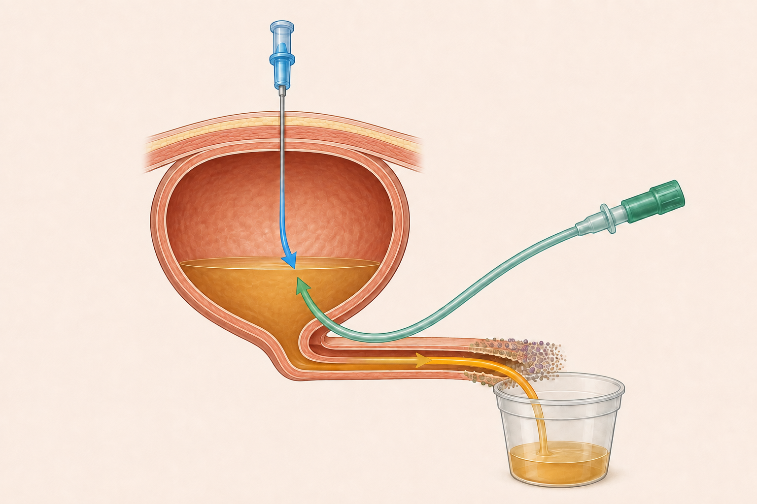Corte esquemático da pelve de um lactente com a bexiga, a uretra curta e a superfície perineal colonizada, e três trajetos possíveis de saída da urina: pela uretra inteira, por cateter e por punção acima da sínfise púbica.