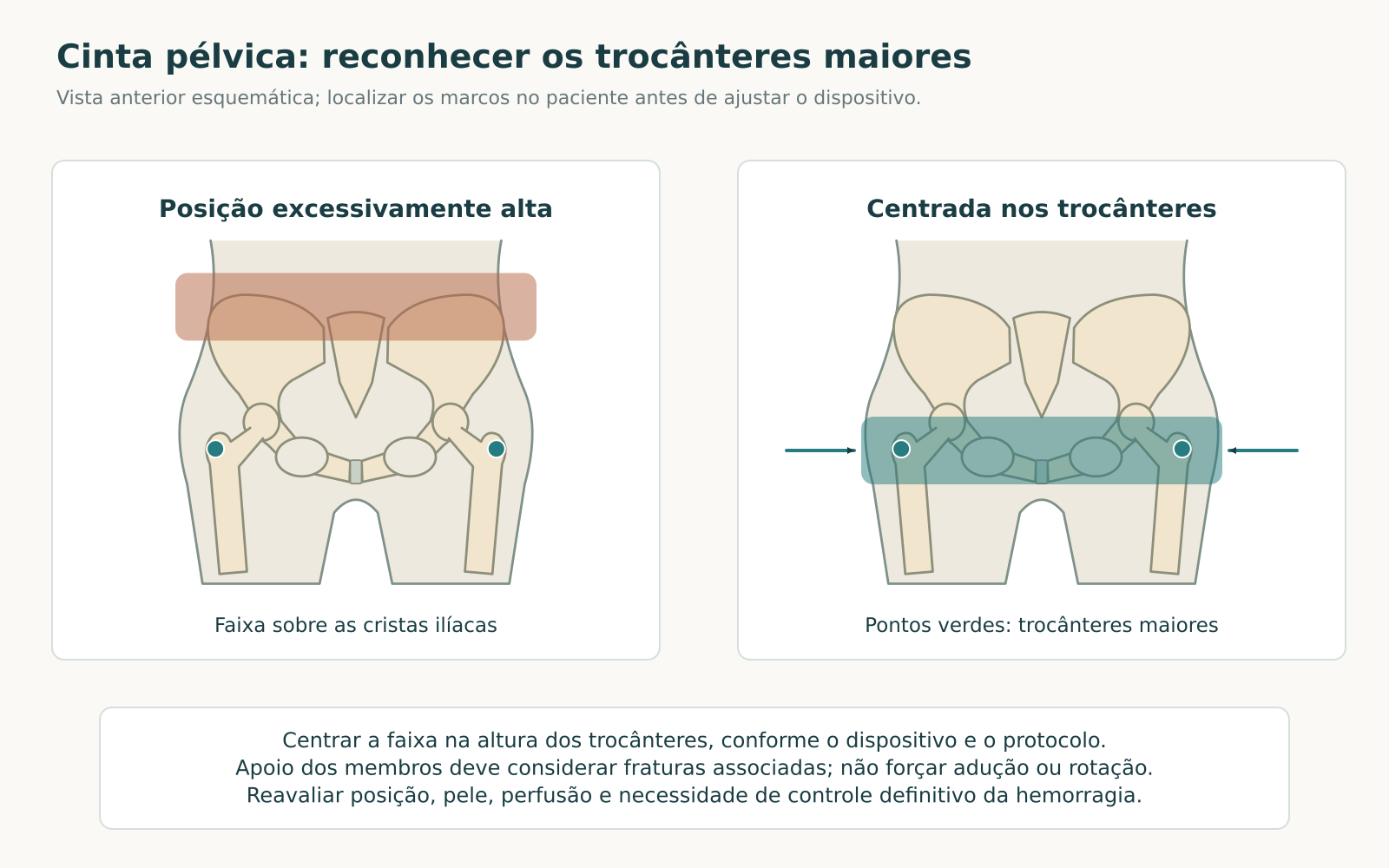 Dois desenhos anteriores da pelve comparando faixa alta sobre as cristas ilíacas e faixa centrada nos trocânteres maiores, identificados por pontos verdes.