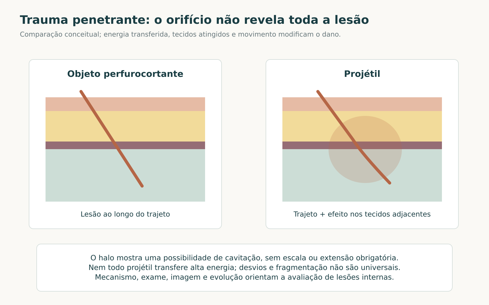Dois esquemas de trajeto penetrante em planos de tecido; o painel do projétil acrescenta um halo que representa possível efeito sobre tecidos adjacentes.