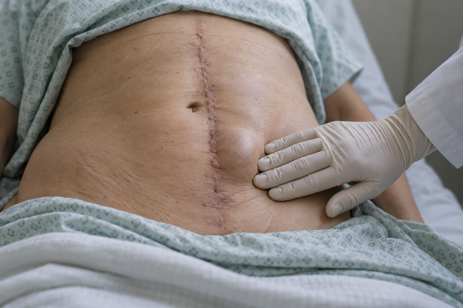 Ilustração de cicatriz abdominal mediana com abaulamento focal e palpação externa por mão enluvada.