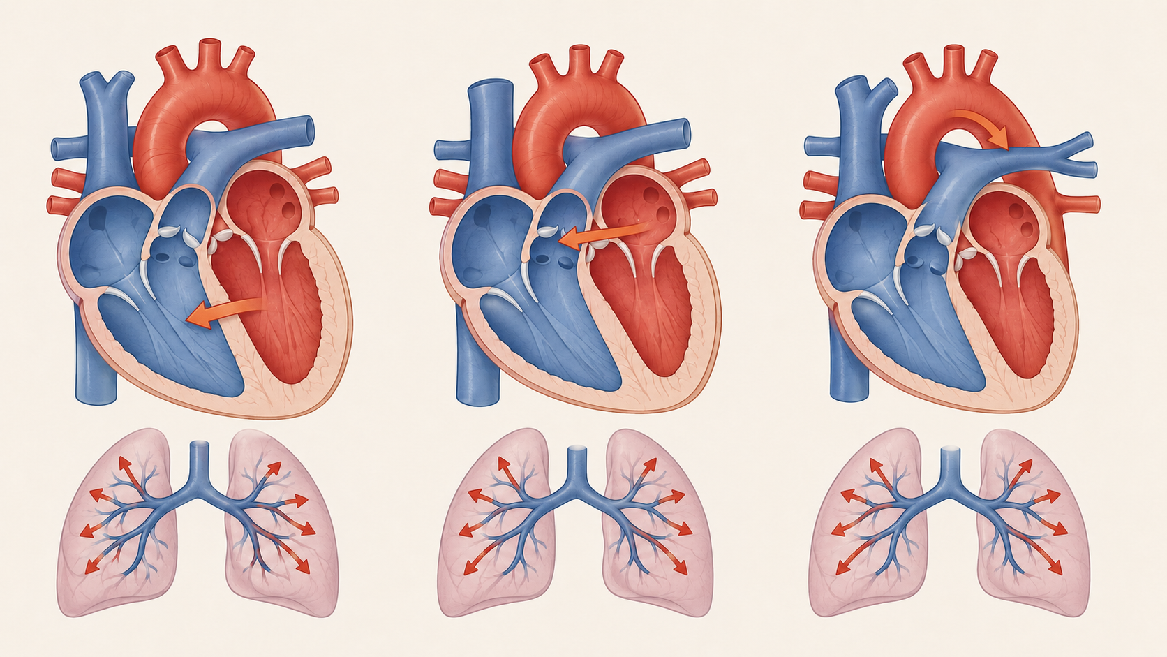 Três cortes esquemáticos do coração de um lactente lado a lado: defeito no septo entre os ventrículos, defeito no septo entre os átrios e vaso ligando a aorta à artéria pulmonar, com setas indicando o desvio do lado esquerdo para o direito.