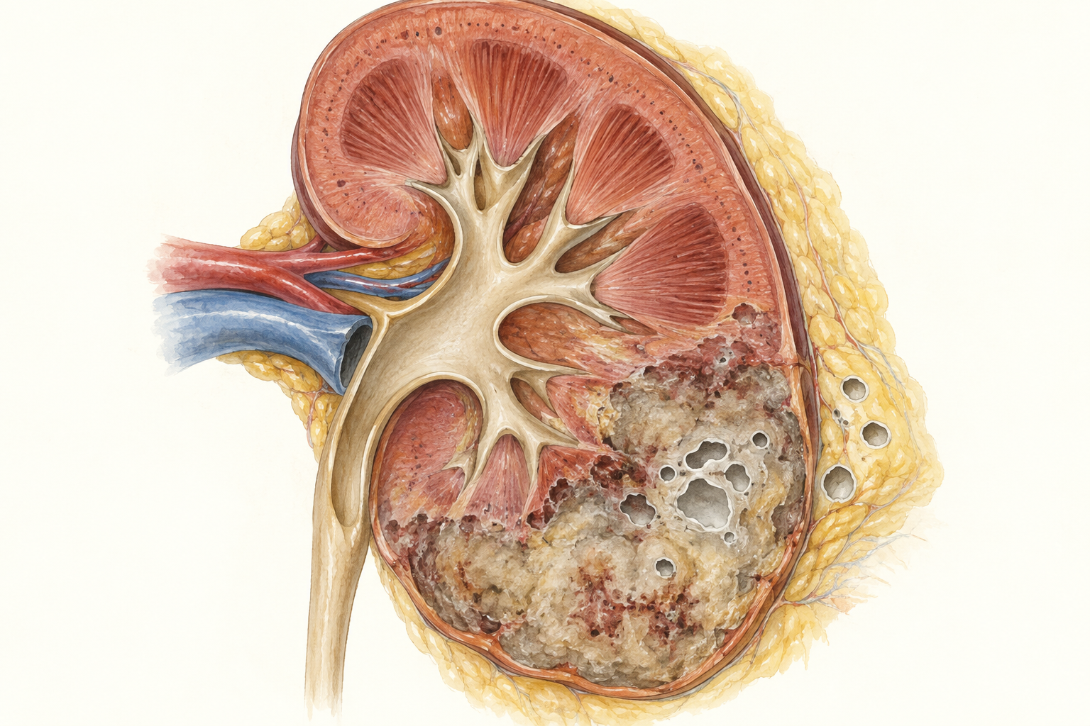 Ilustração de rim com destruição tecidual no polo inferior e pequenas cavidades gasosas no parênquima e na gordura perirrenal, separadas do sistema coletor.