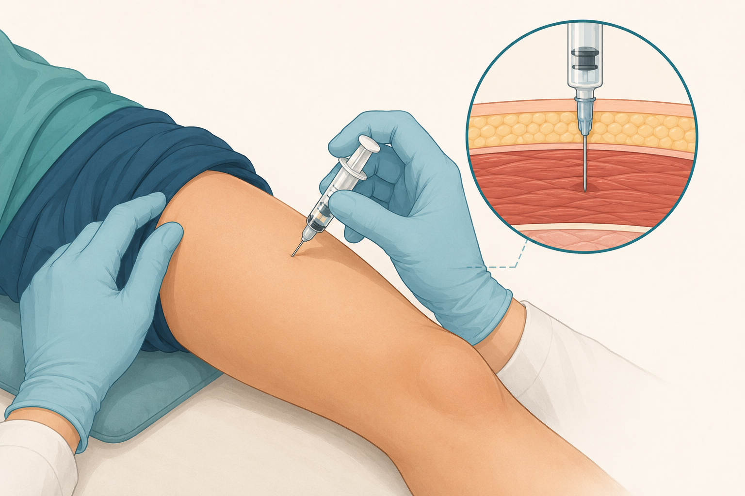 Aplicação intramuscular de adrenalina no terço médio da face anterolateral da coxa de uma criança.