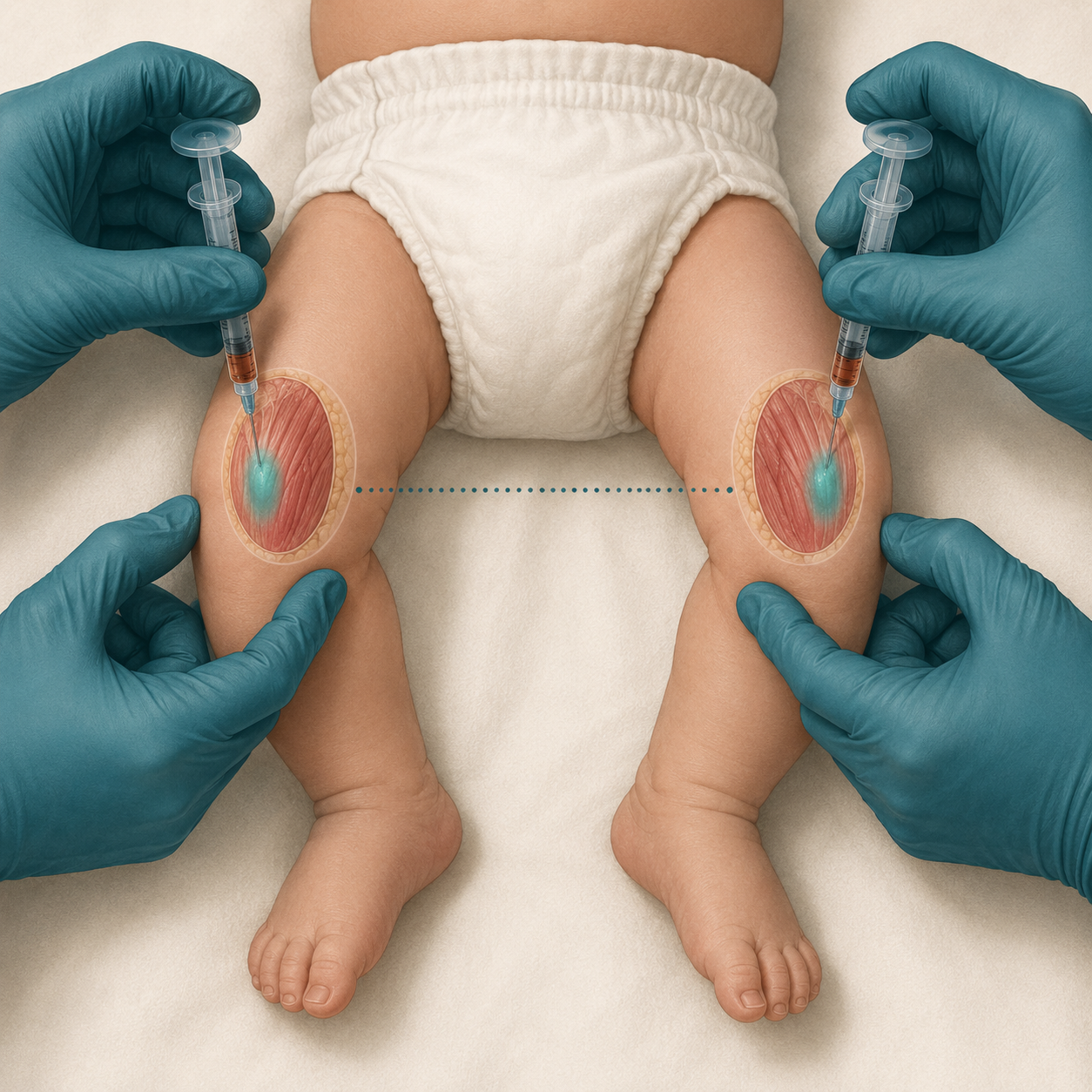 Duas injeções intramusculares aplicadas ao mesmo tempo na face ântero-lateral de coxas opostas de um recém-nascido, uma seringa de cada lado, com linha pontilhada destacando a distância entre os sítios.