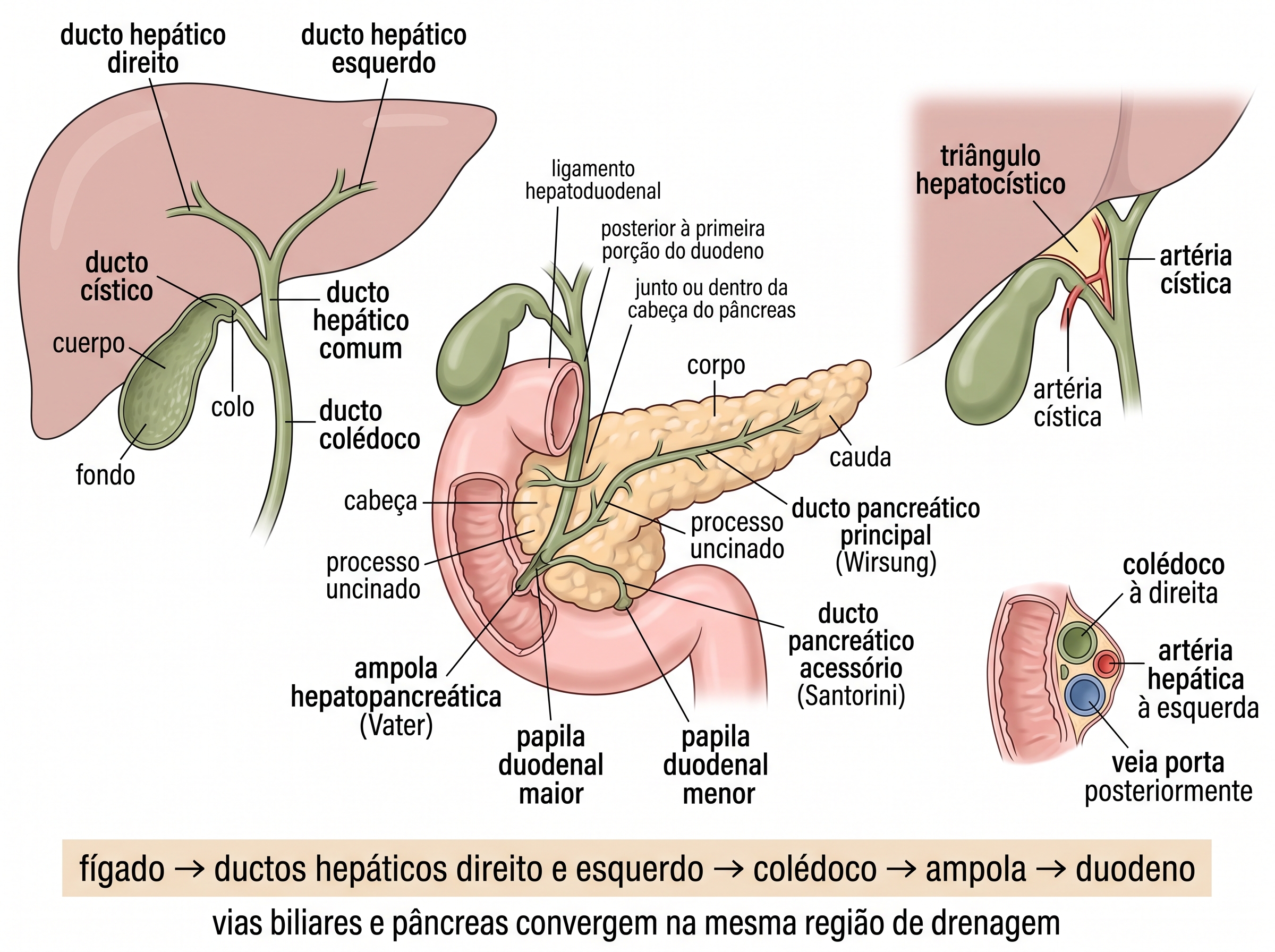 Infográfico anatômico das vias biliares e do pâncreas, mostrando a árvore biliar extra-hepática, vesícula biliar, trajeto do colédoco, partes e ductos pancreáticos, papilas duodenais, ampola hepatopancreática, triângulo hepatocístico e relações da tríade portal.