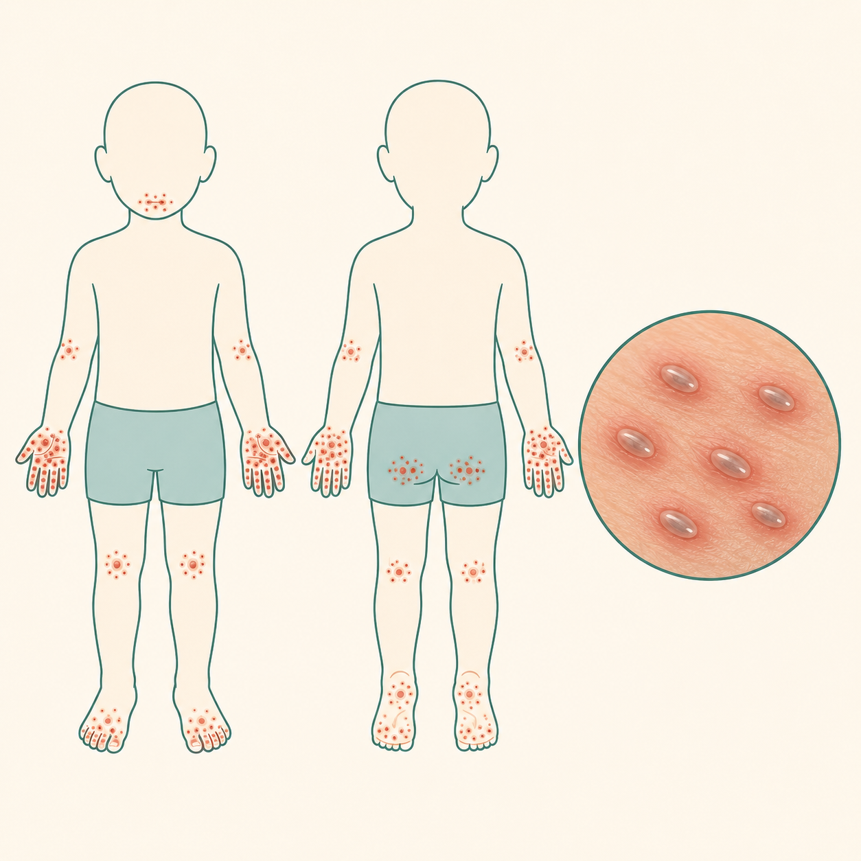 Silhueta infantil de frente e de costas com áreas destacadas em mãos, pés, nádegas, cotovelos, joelhos e região perioral, ao lado de um detalhe ampliado de vesículas ovaladas sobre base avermelhada.