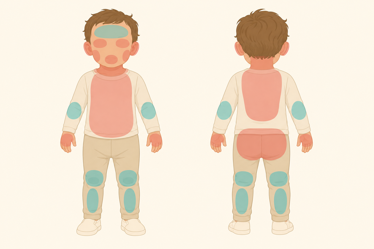 Duas silhuetas de criança pequena, de frente e de costas, com regiões destacadas em vermelho suave sobre torso, pescoço, orelha, bochecha, pálpebra, dorso e nádegas, e regiões em verde-azulado sobre canelas, joelhos, cotovelos e testa.