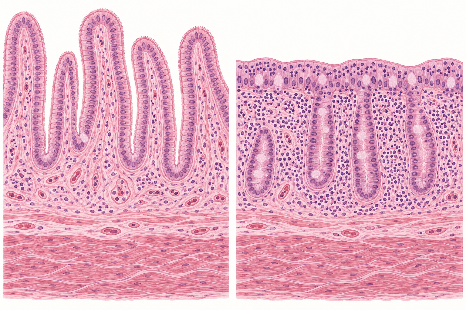 Corte de mucosa do intestino delgado dividido em duas metades: à esquerda, vilosidades altas e finas; à direita, superfície achatada com criptas alongadas e muitos linfócitos no epitélio.