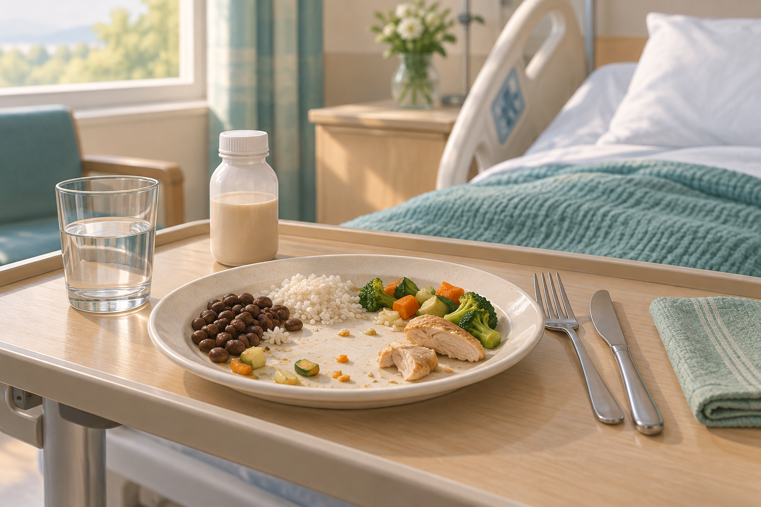 Bandeja de refeição hospitalar parcialmente consumida, com recipiente de suplemento nutricional ao lado.
