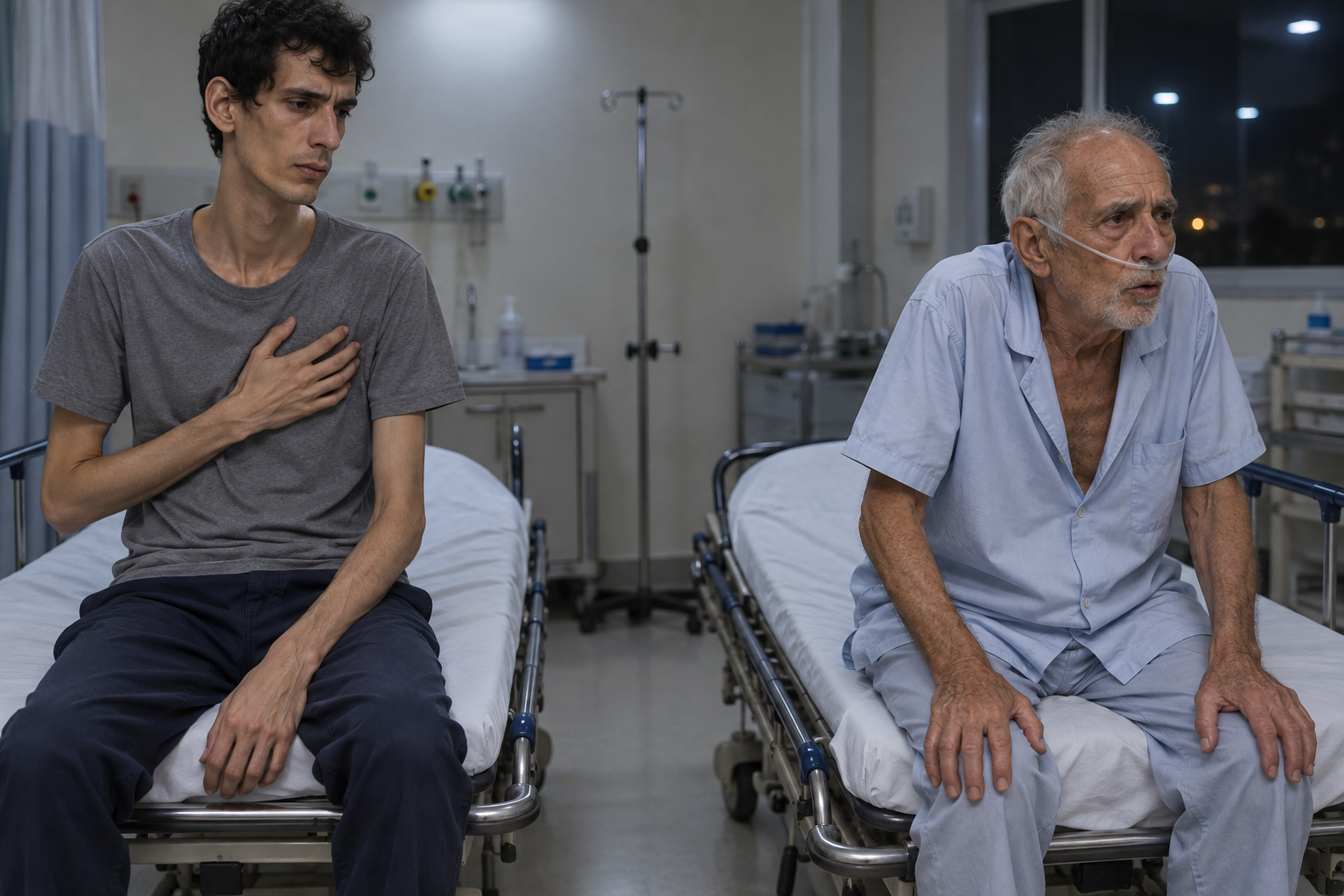 Dois pacientes sintéticos em macas separadas: jovem com a mão sobre o tórax e desconforto contido; idoso com cânula nasal, inclinado para a frente e com as mãos nos joelhos.