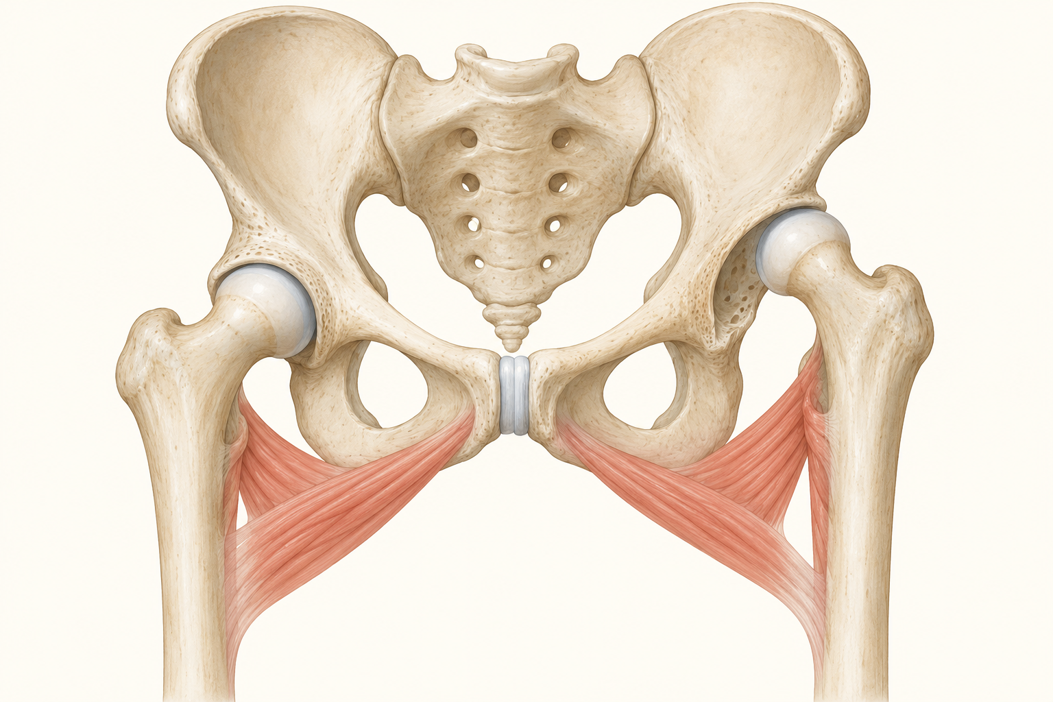 Modelo anatômico esquemático da pelve: cabeça femoral bem centrada à esquerda da imagem e migração superolateral à direita, com músculos adutores representados.