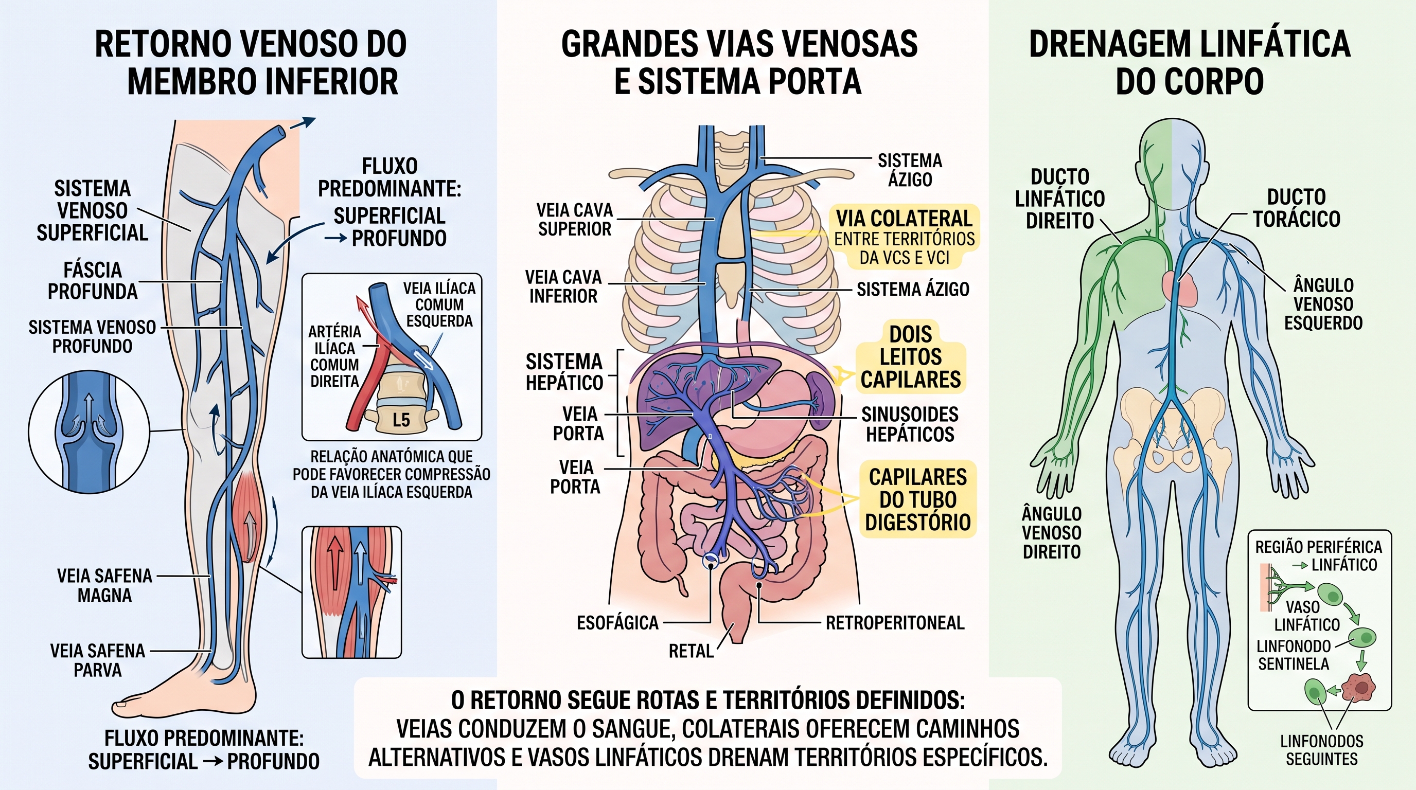 Infográfico anatômico do retorno venoso e linfático, mostrando os sistemas venosos superficial e profundo do membro inferior, safenas e veias perfurantes, a relação da veia ilíaca comum esquerda com a artéria ilíaca comum direita e L5, o sistema ázigo, o sistema porta hepático com anastomoses portossistêmicas e os territórios de drenagem do ducto torácico e do ducto linfático direito.