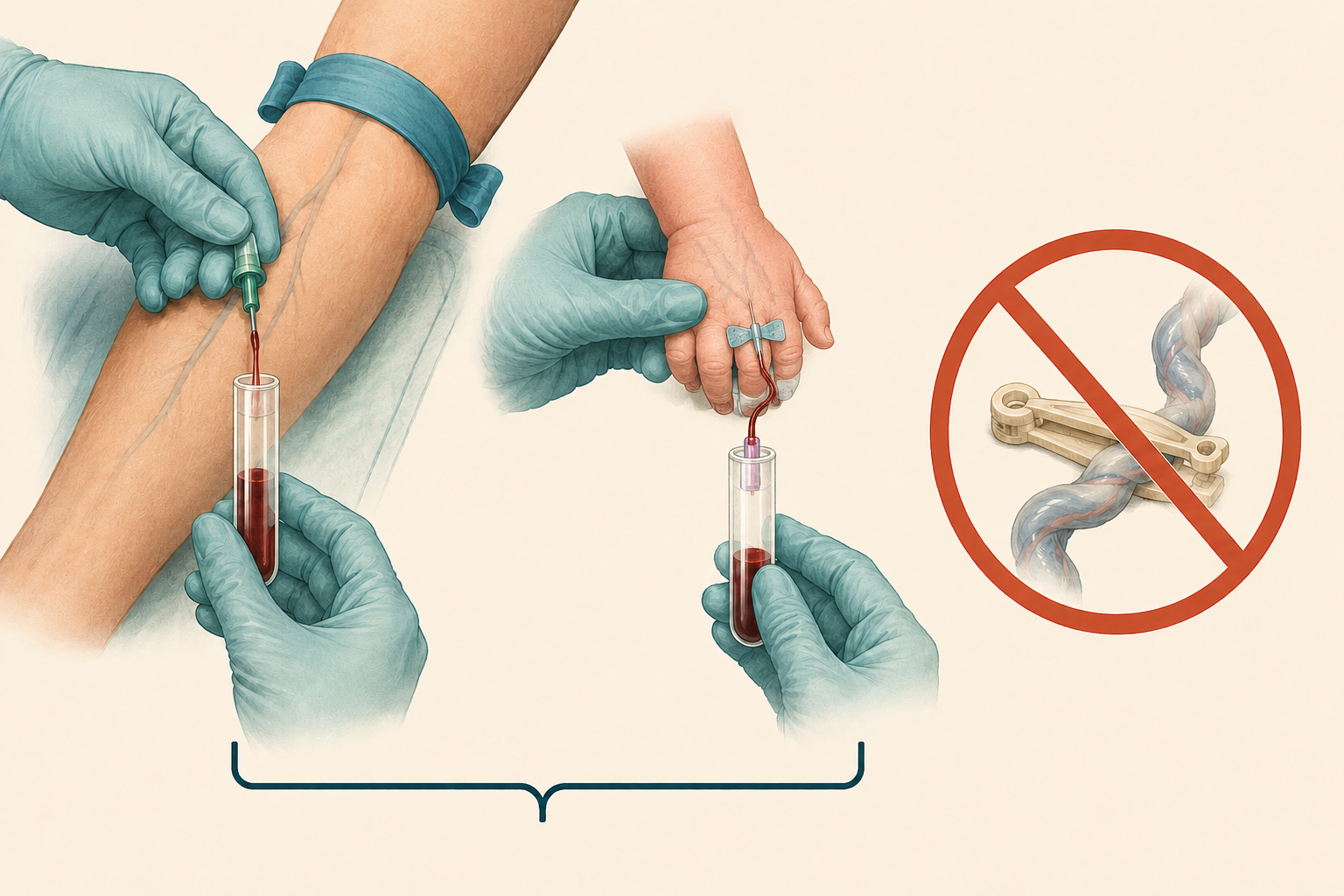 Ilustração de duas amostras de sangue periférico colhidas ao mesmo tempo, da mãe e do recém-nascido, e de um segmento de cordão umbilical marcado como amostra proibida.