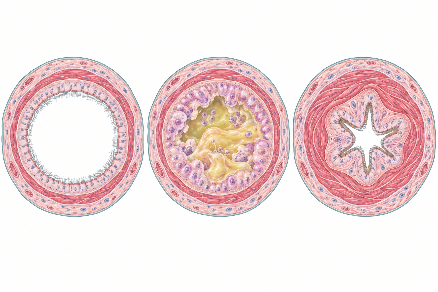 Corte transversal de bronquíolo em três estados: normal; com edema, descamação e rolha de muco; e com constrição da musculatura lisa e luz limpa.