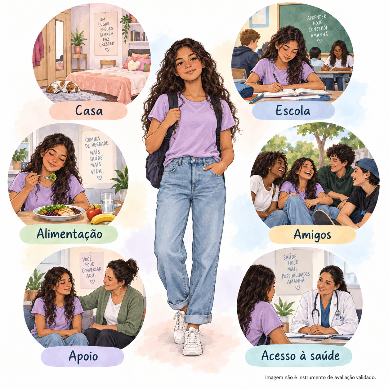 Temas da consulta aparecem ao redor da adolescente, incluindo seus recursos e preocupações.