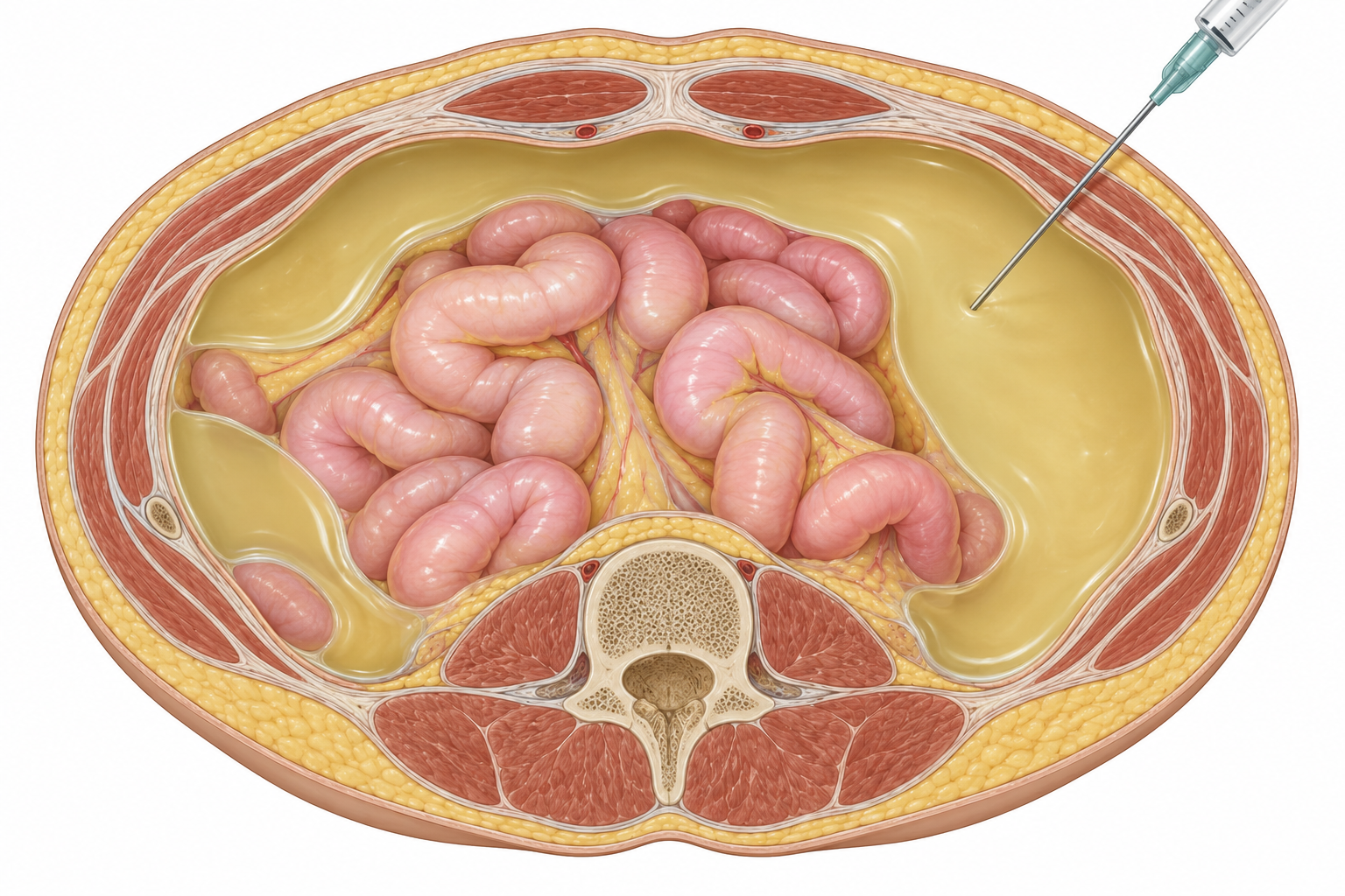 Corte axial do abdome com ascite, vasos epigástricos junto aos retos e agulha anterolateral esquerda em janela livre de alças.
