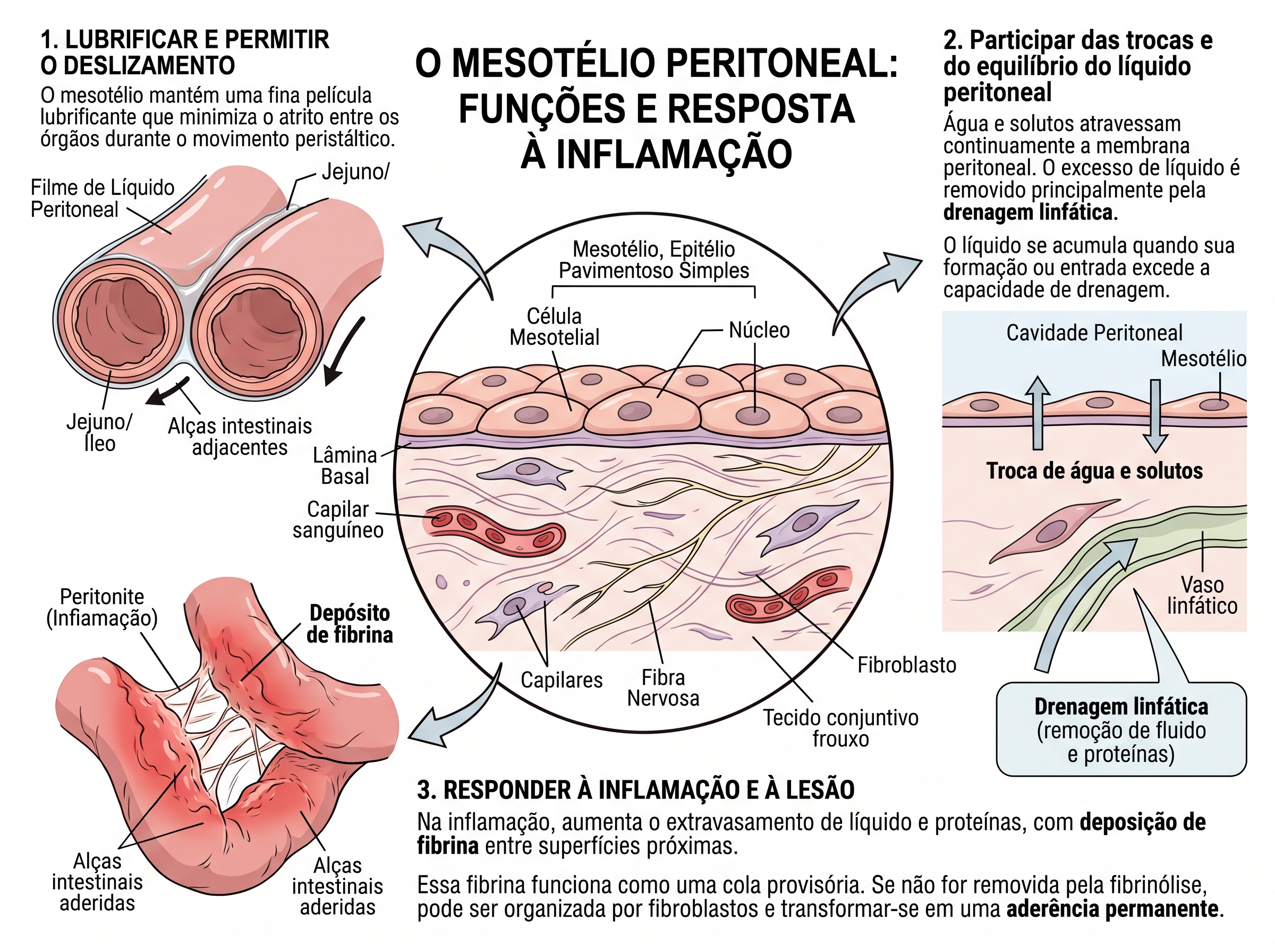 Corte do mesotélio sobre conjuntivo frouxo com três vinhetas: alças deslizando, troca de líquido em mão dupla e fibrina colando alças na inflamação.