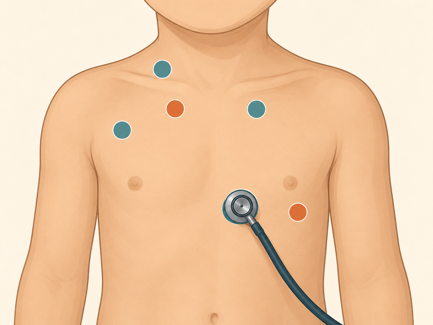 Tórax infantil com focos de ausculta cardíaca, ponto supraclavicular direito, região infraclavicular direita e estetoscópio na borda esternal esquerda baixa.
